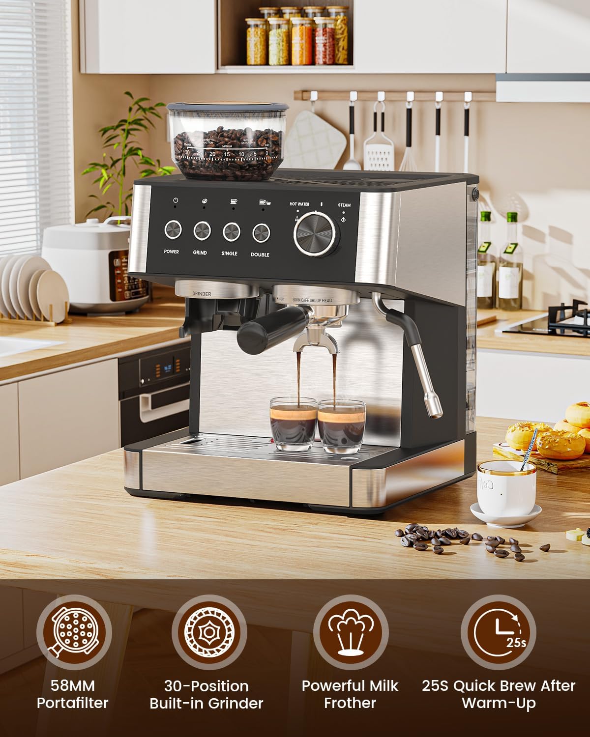 Premium 20 Bar Espresso Machine with Built-in Grinder & Milk Frother Steam Wand - Perfect for Home Baristas & Coffee Lovers (Ideal for Lattes, Cappuccinos & Espresso Drinks)