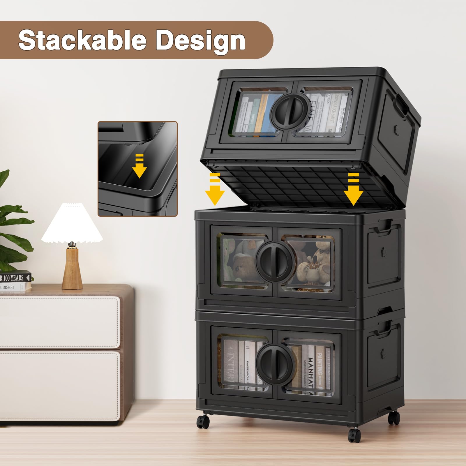 V9 112-Gallon Stackable Collapsible Storage Bins with Wheels & Lids - 4-Pack Black Plastic Organizing Bins for Closet, Home, Office, Garage - Perfect for Seasonal Storage, Toy Organization & Space Saving