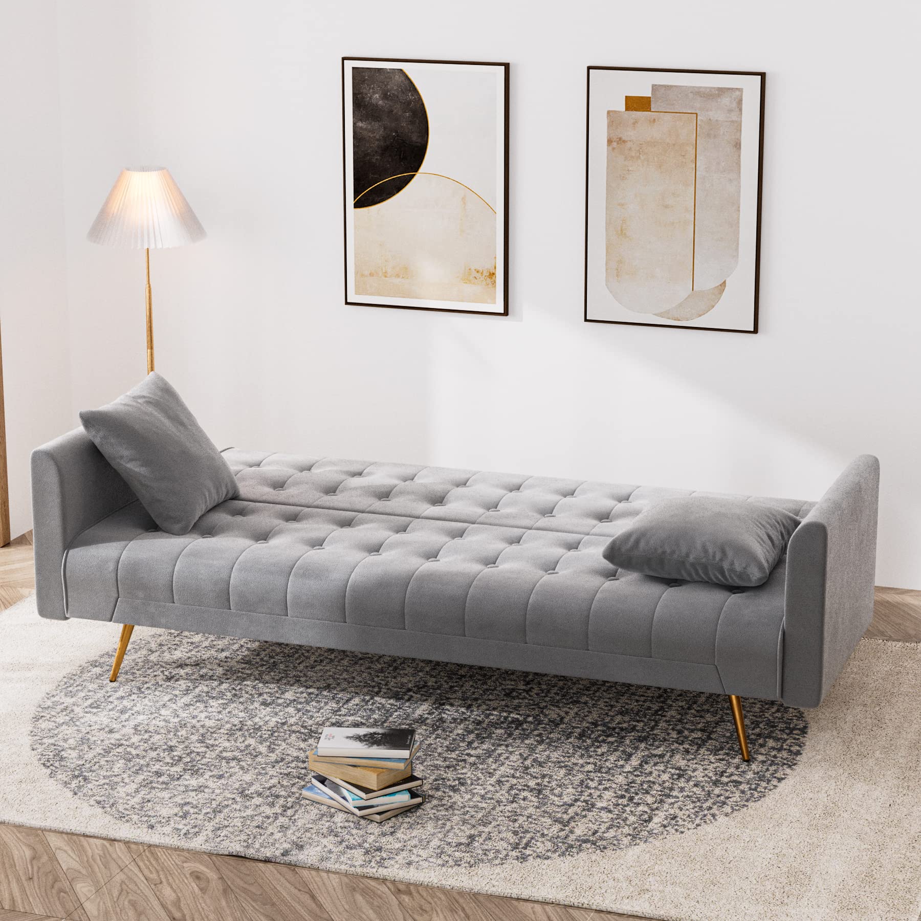 OUYESSIR 71-inch Velvet Convertible Futon Sofa Bed with 2 Pillows - Sturdy Sleeper Couch for Small Spaces, Grey | Perfect for Guest Rooms, Apartments & Dorm Rooms