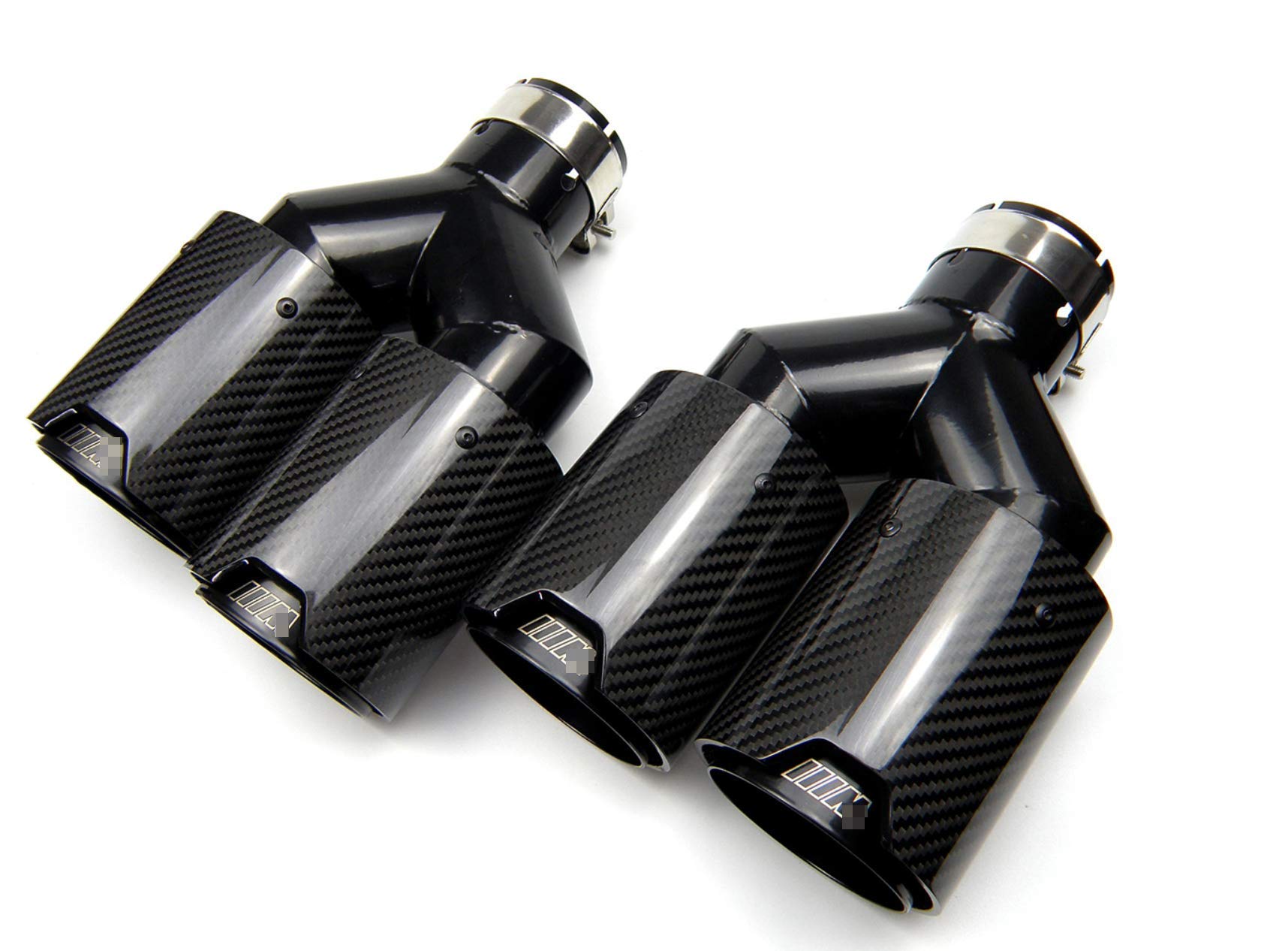 Dual Carbon Fiber Black Stainless Steel Universal Exhaust Pipe Tips - Glossy Y Style Muffler Tips for BMW Series | High Performance Car Accessories for Street Racing & Custom Builds