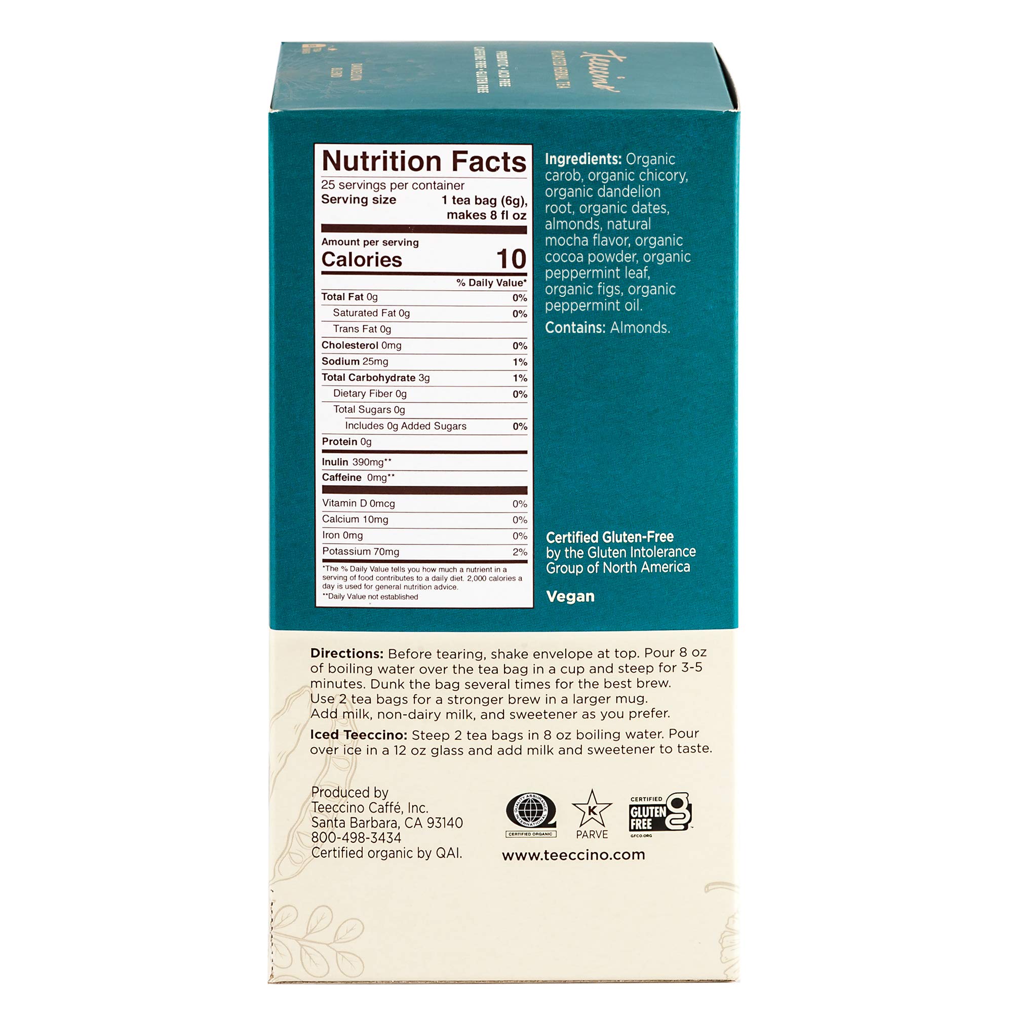 Teeccino Dandelion Mocha Mint Herbal Tea - Caffeine Free, Prebiotic Rich, Gluten Free Roasted Herbal Tea with 3x More Herbs - 25 Tea Bags for Relaxation & Digestive Health