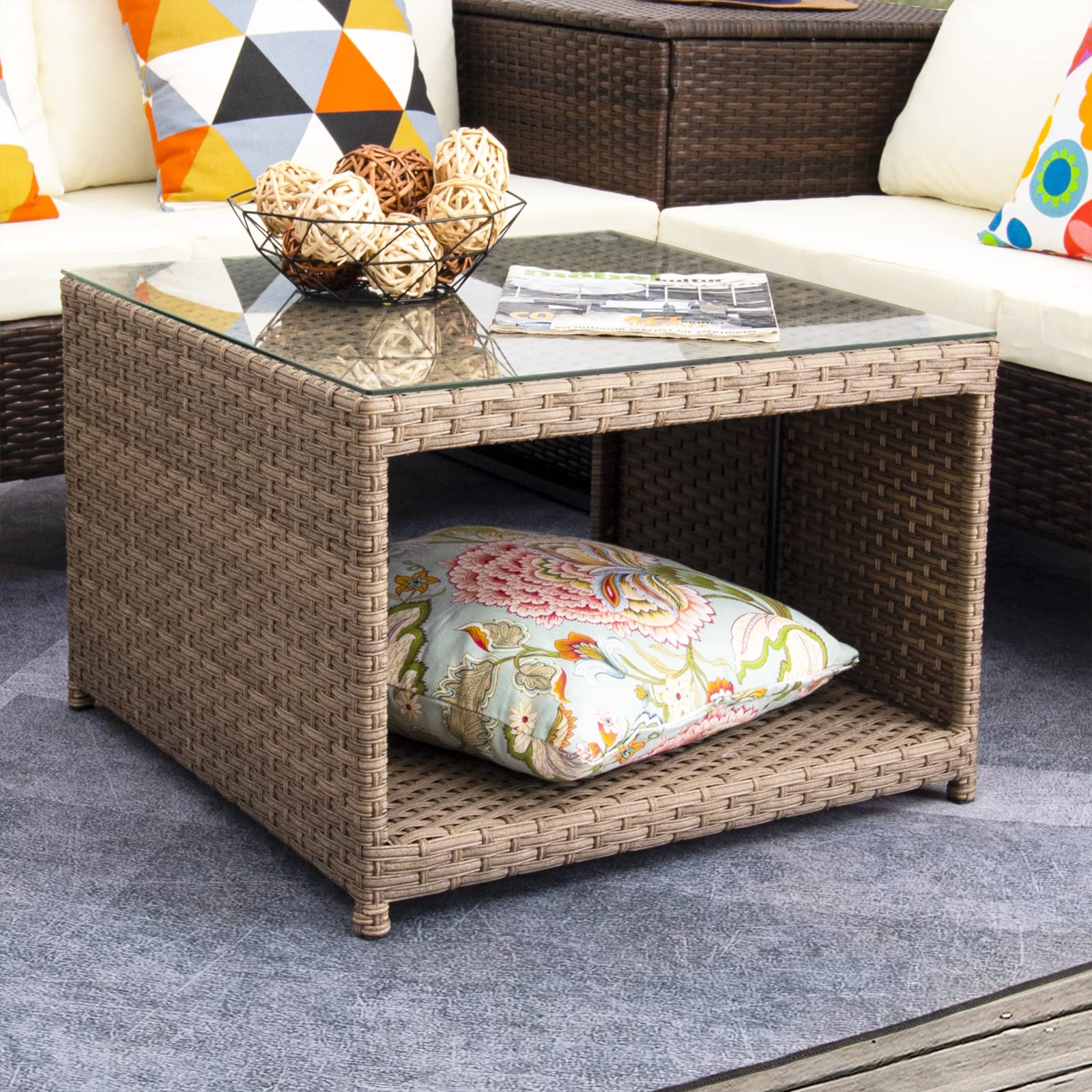 DIMAR GARDEN Outdoor Coffee Table - Wicker Rattan Patio Side Table with Storage & Tempered Glass Top - Modern Luxury Furniture for Garden, Balcony, Poolside - Light Brown