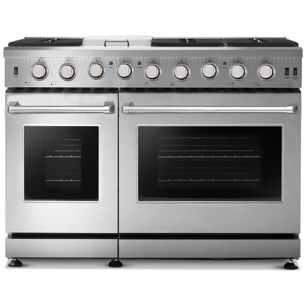 48-Inch Pro-Style Natural Gas or Propane Range with 6 High-Powered Burners, Griddle Cooktop & 6.8 cu. ft. Double Oven - Stainless Steel - Perfect for Home Chefs & Large Family Cooking