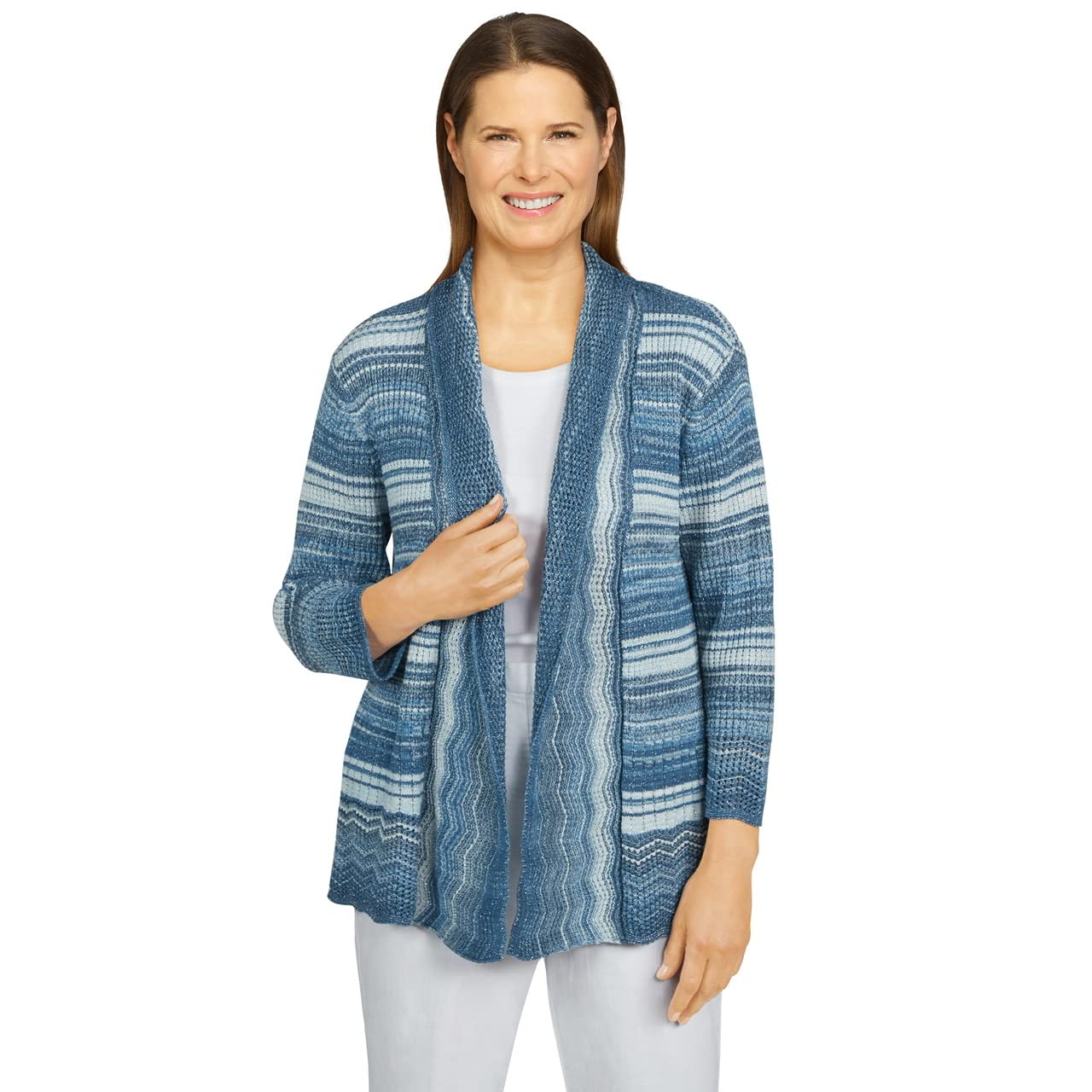 Alfred Dunner Women's Multicolored Pointelle Cardigan - Soft Cotton Blend with Shimmer Details for Casual Wear & Layering | Perfect for Office, Outings & Cozy Evenings