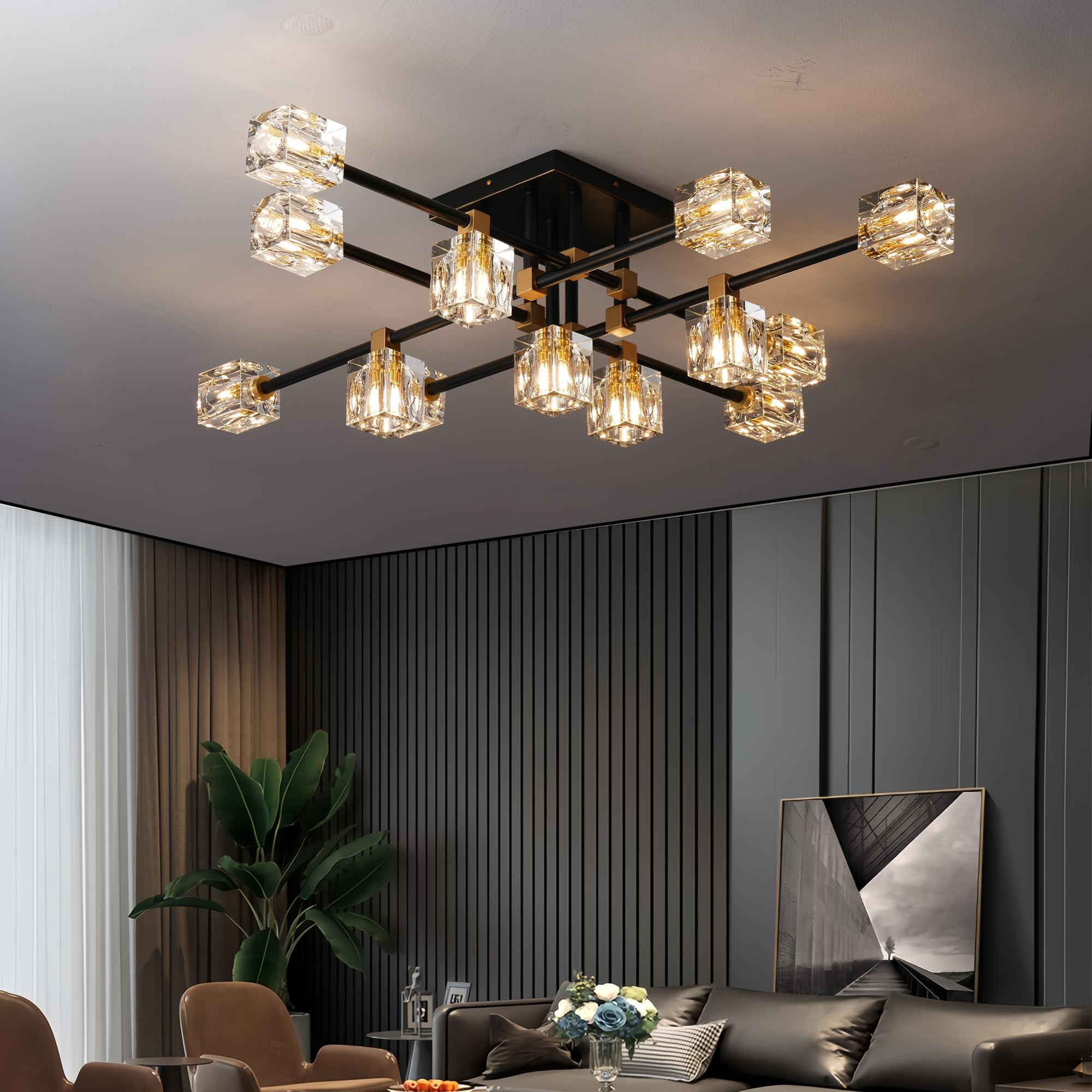 13-Light Modern Crystal Sputnik Chandelier - Black & Gold Ceiling Light Fixture for Dining Room, Entryway, Bedroom - Elegant Lighting for Home Decor, Wedding Venues, and Luxury Spaces