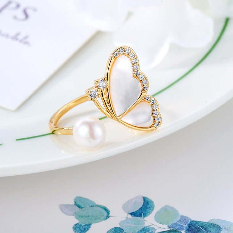 Fairy Butterfly Pearl Cocktail Rings for Women | Elegant Vintage Jewelry K4113 | Perfect for Parties, Weddings & Special Occasions