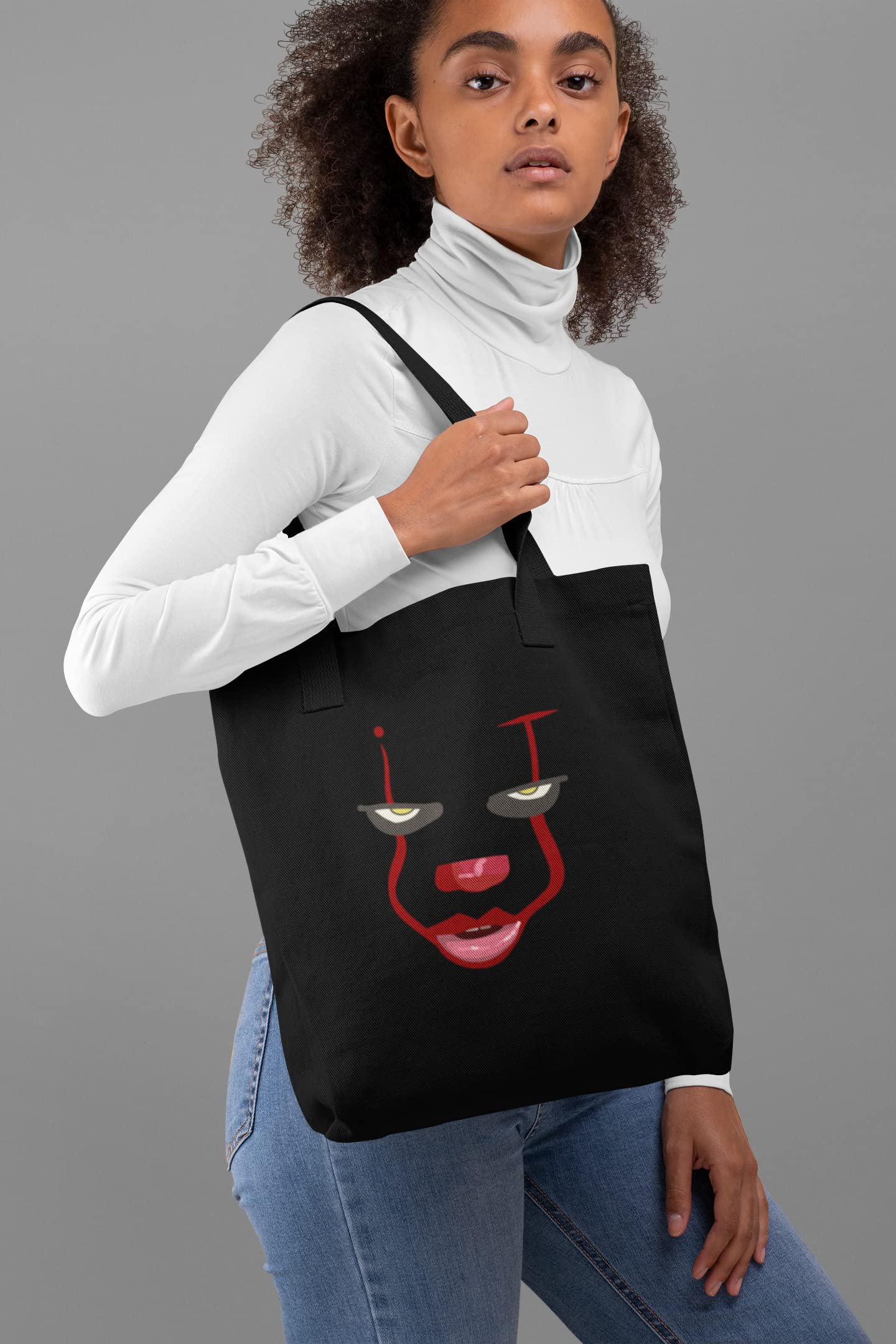 Scary Killer Clown Face Horror Halloween Canvas Tote Bag - Spooky Shoulder Handbag for Halloween Costume, Cosplay & Haunted House Parties