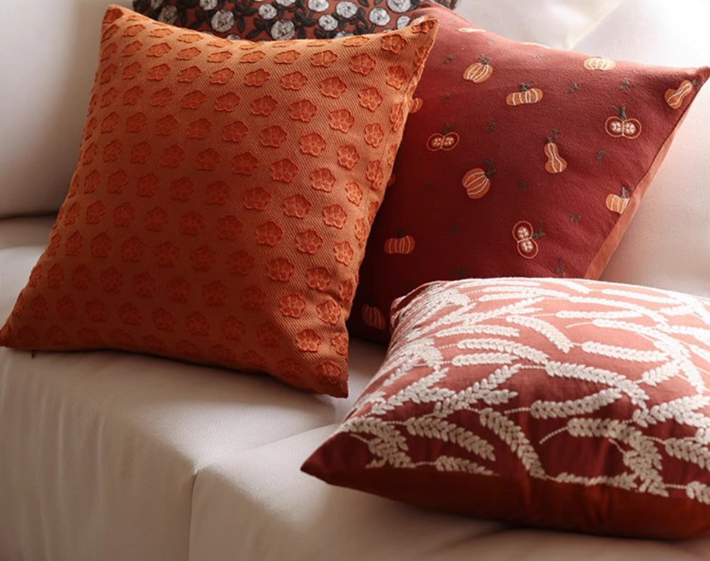 Farmhouse Decorative Throw Pillows for Couch - Embroidered Cotton Pillow Covers with Wheat Stalk & Pumpkin Design - Perfect for Living Room, Sofa, and Home Decor