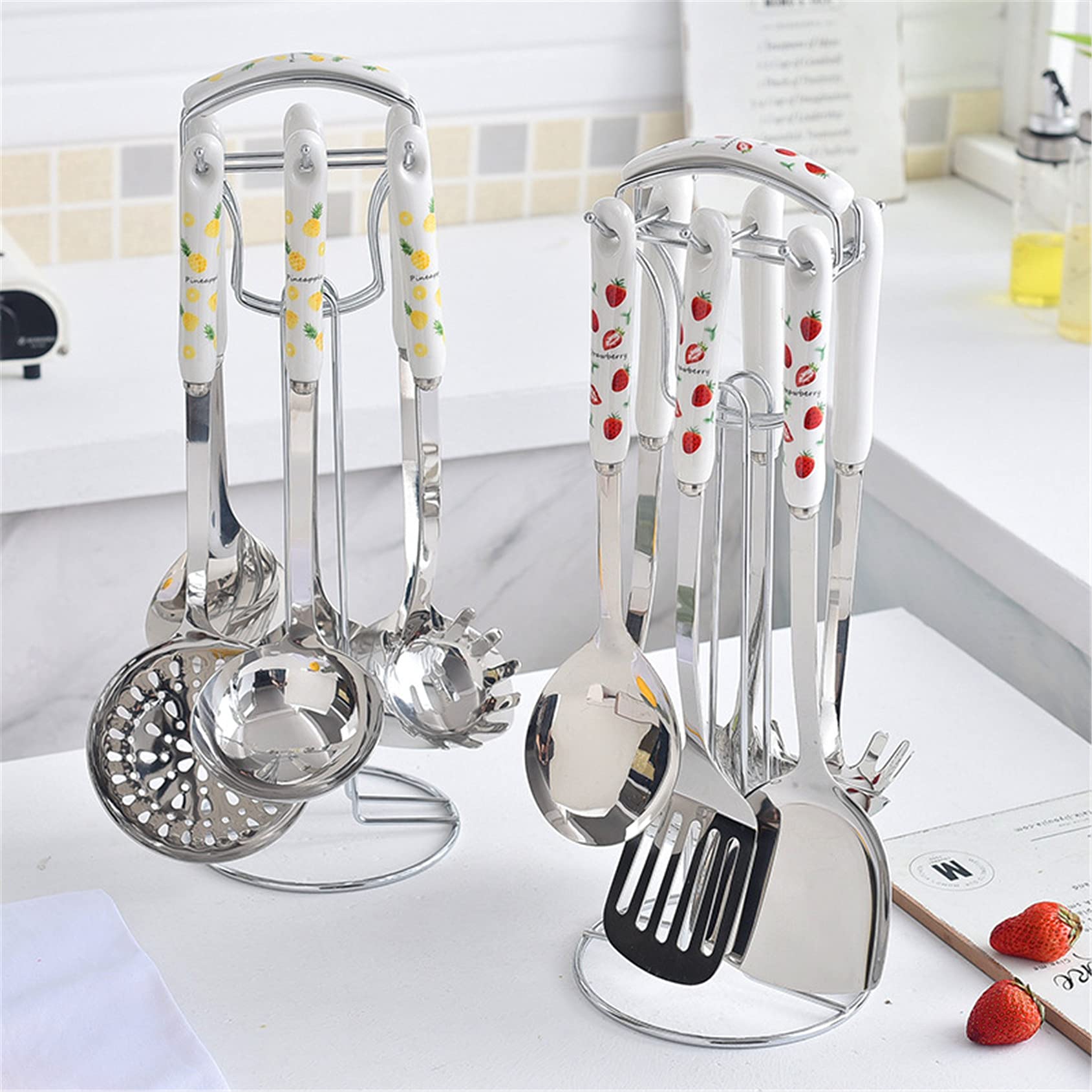 Premium 6-Piece Kitchen Utensil Set with Holder - Stainless Steel Soup Ladle, Spatula, Slotted Turner, Skimmer Spoon & Rice Paddle - Nordic Style Cookware for Cooking, Baking & Serving - Perfect for Home Chefs & Restaurant Use