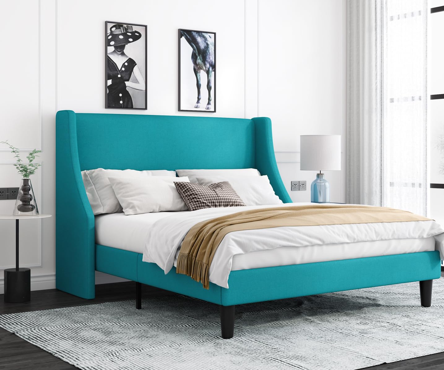 Allewie Queen Size Platform Bed Frame with Upholstered Headboard - Modern Wingback Design, Wood Slat Support & Mattress Foundation in Peacock Green | Perfect for Master Bedrooms, Guest Rooms & Modern Apartments