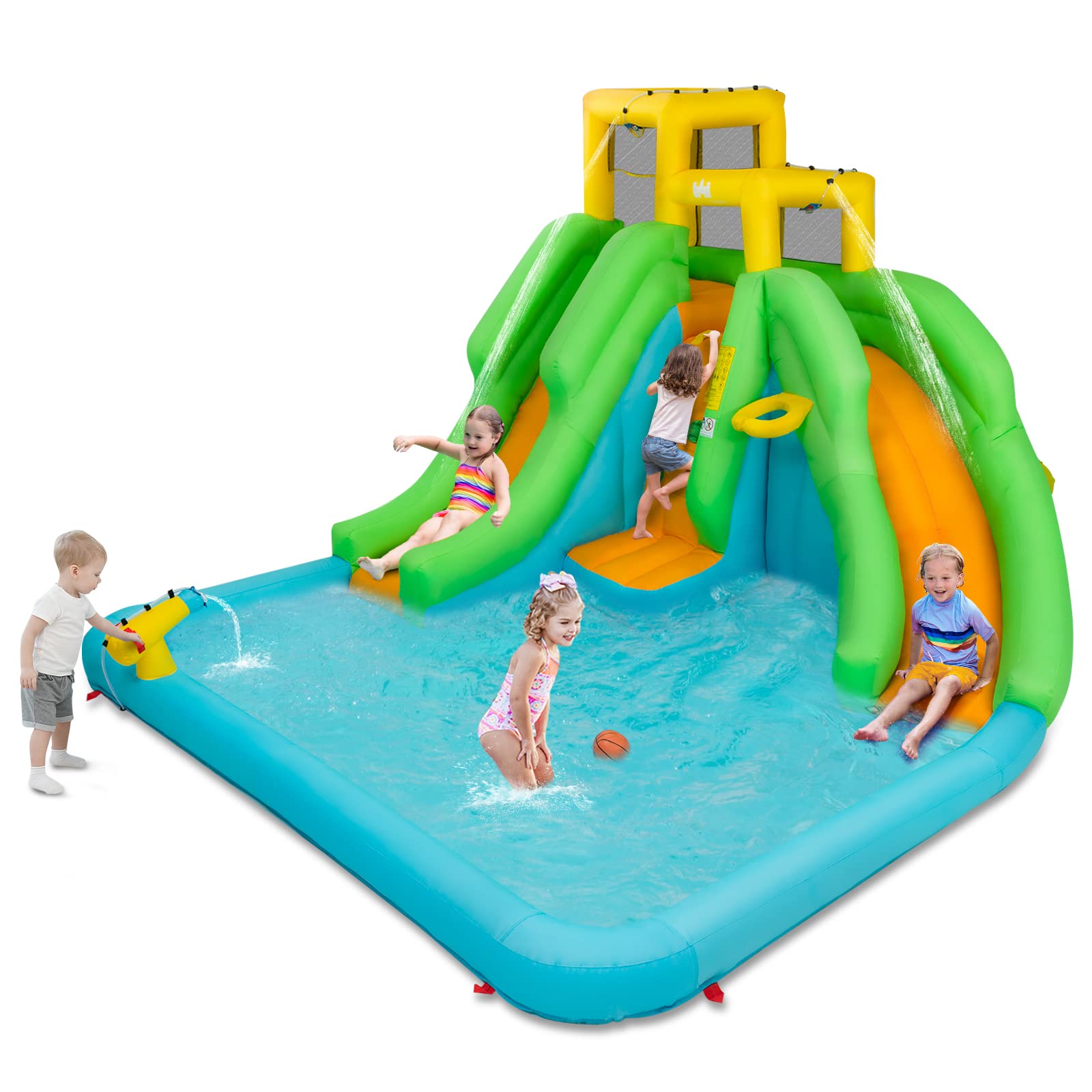 **HONEY JOY 6-in-1 Inflatable Water Slide for Kids - Bounce House with Climbing Wall, 2 Long Slides, Splash Pool & Water Cannons | Indoor & Outdoor Backyard Water Park (Includes 550W Blower) - Perfect for Summer Parties, Birthdays & Family Fun**
