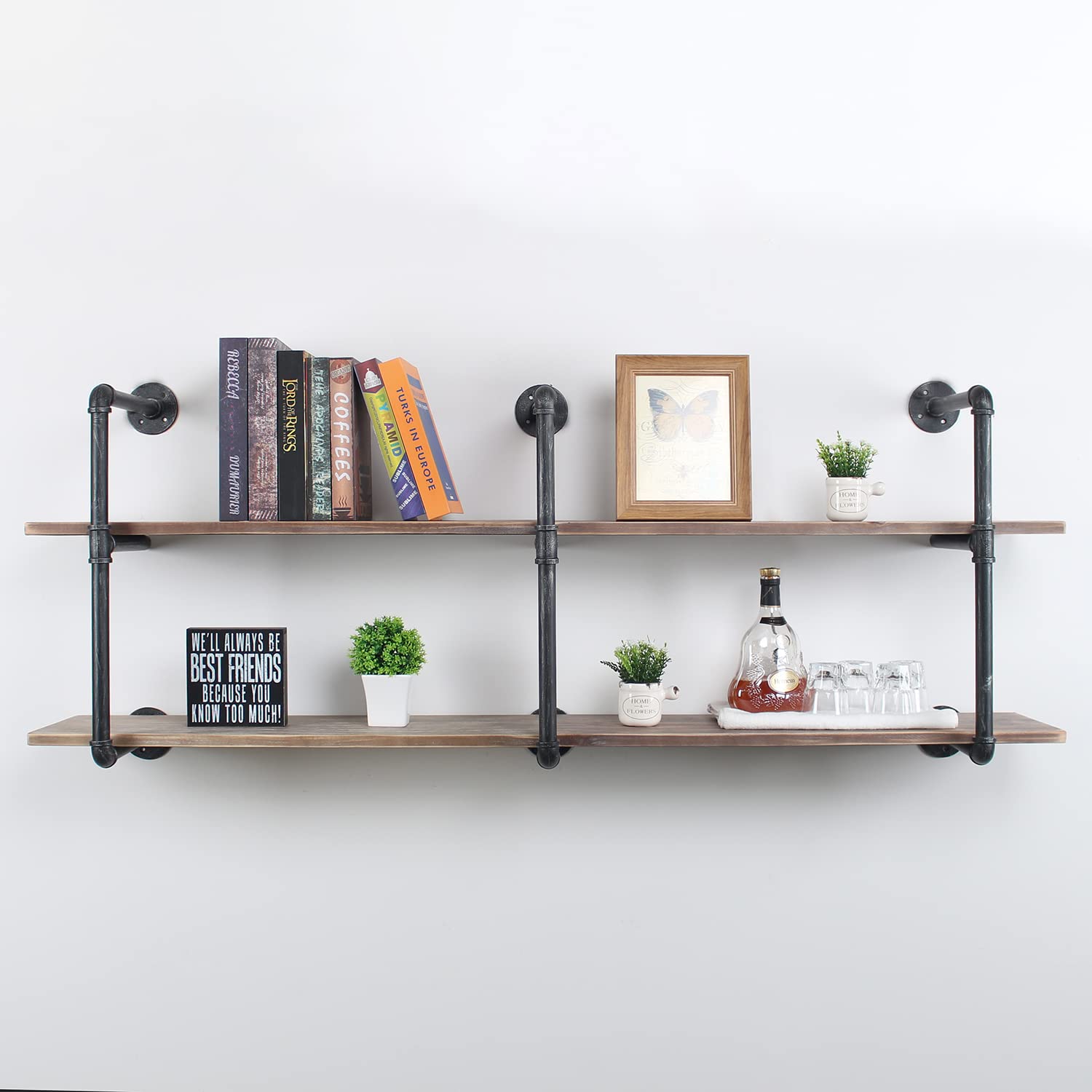 Industrial Pipe Shelving Wall Mounted - 63 Inch Rustic Metal Floating Shelves with Real Wood, Steampunk Style Bookshelf for Farmhouse & Kitchen Decor (2-Tier) - Perfect for Living Room, Bar, Office & Home Storage