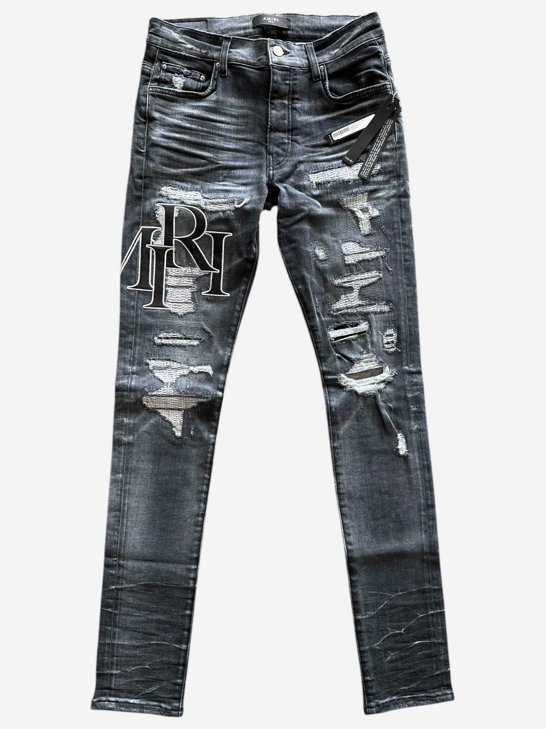 Amiri Storm Grey Distressed Staggered Logo Jeans for Men - Premium Designer Denim Pants with Unique Washed Effect | Perfect for Streetwear, Night Out & Casual Fashion