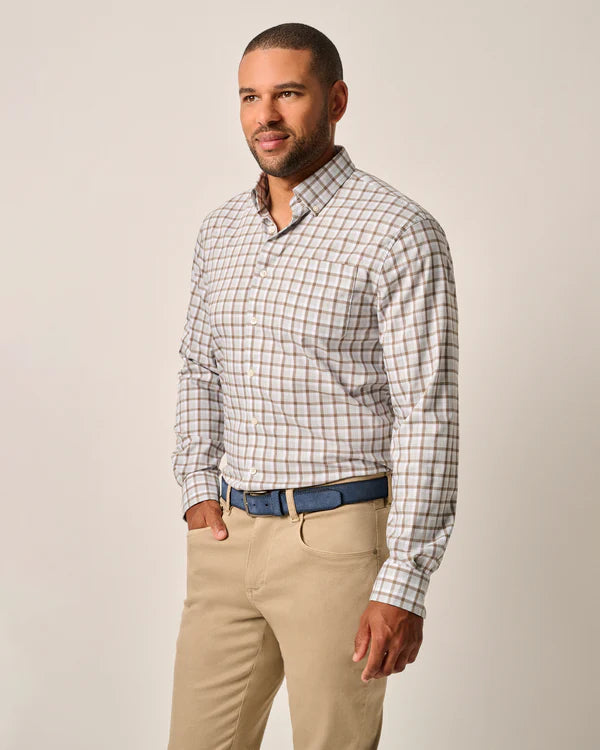 Johnnie O Long Sleeve Button-Down Shirt in Light Gray Plaid - Classic Casual Wear for Work, Outdoor Adventures & Everyday Style