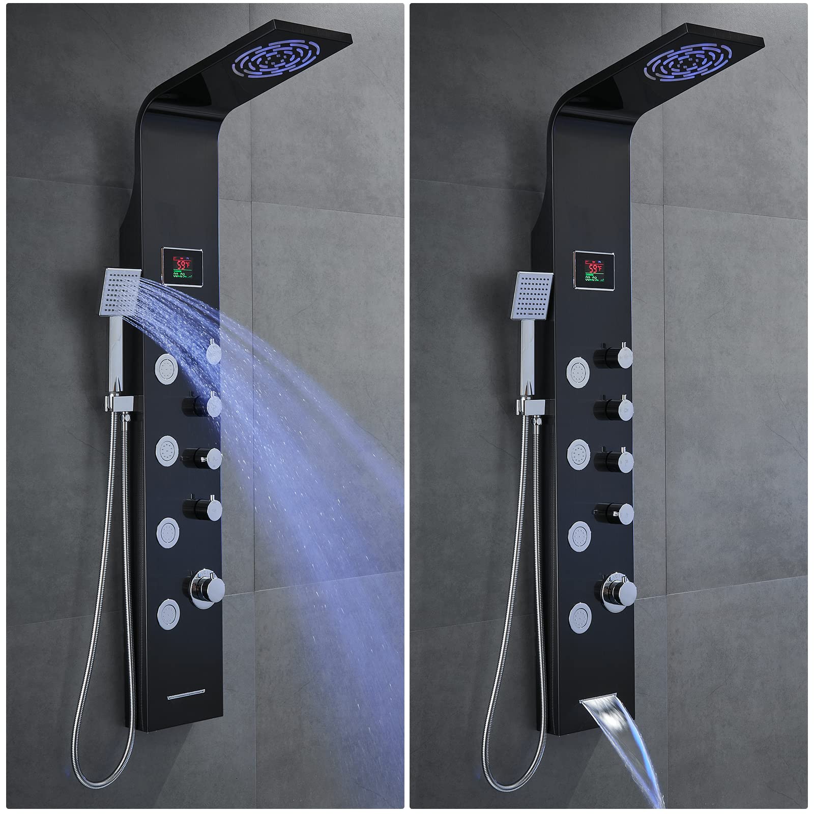 ROVATE Rainfall Waterfall Shower Panel Tower System with LED Lights - No Battery Needed, Multi-Function Shower Tower with Rain Massage, Body Jets, Handheld Shower Wand & Tub Spout - Black - Perfect for Spa-Like Bathroom Upgrades & Luxury Shower Experience