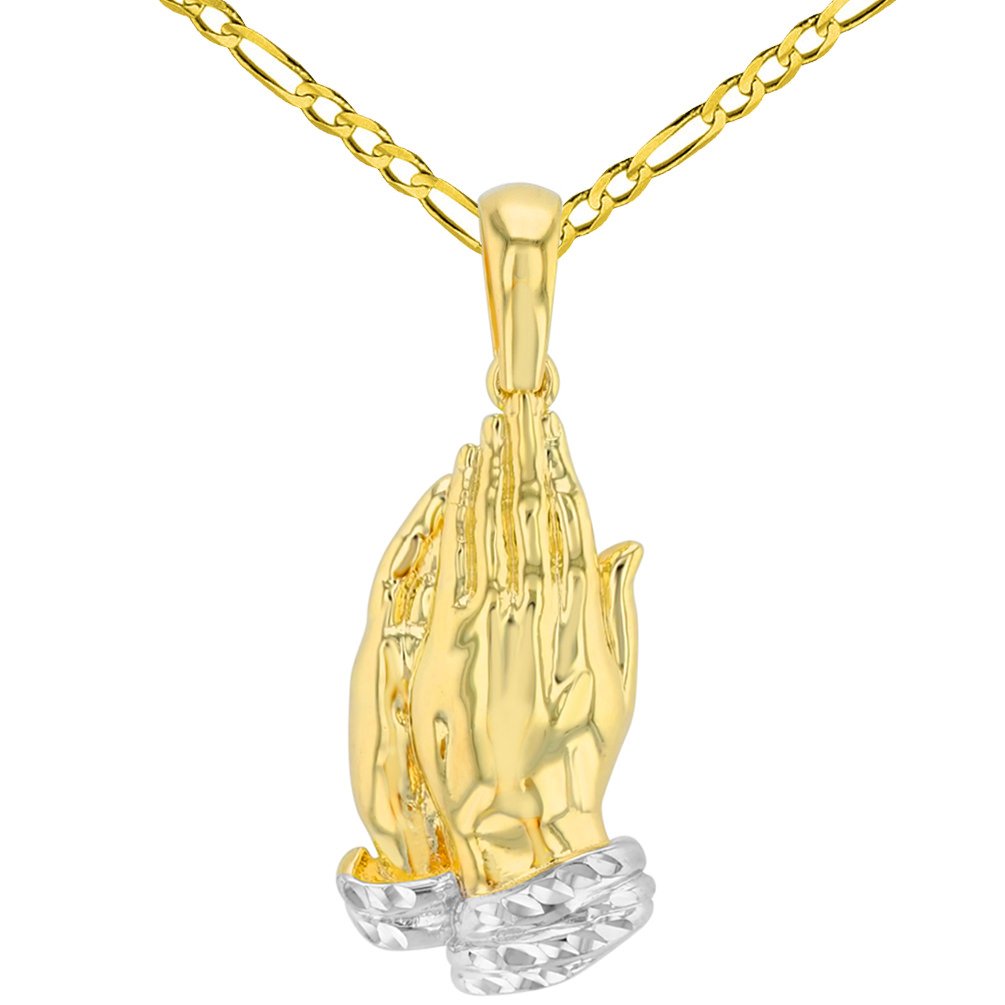 14K Yellow Gold Religious Praying Hands Pendant with Figaro Chain - Inspirational Jewelry for Faithful Gifts, Daily Wear & Special Occasions