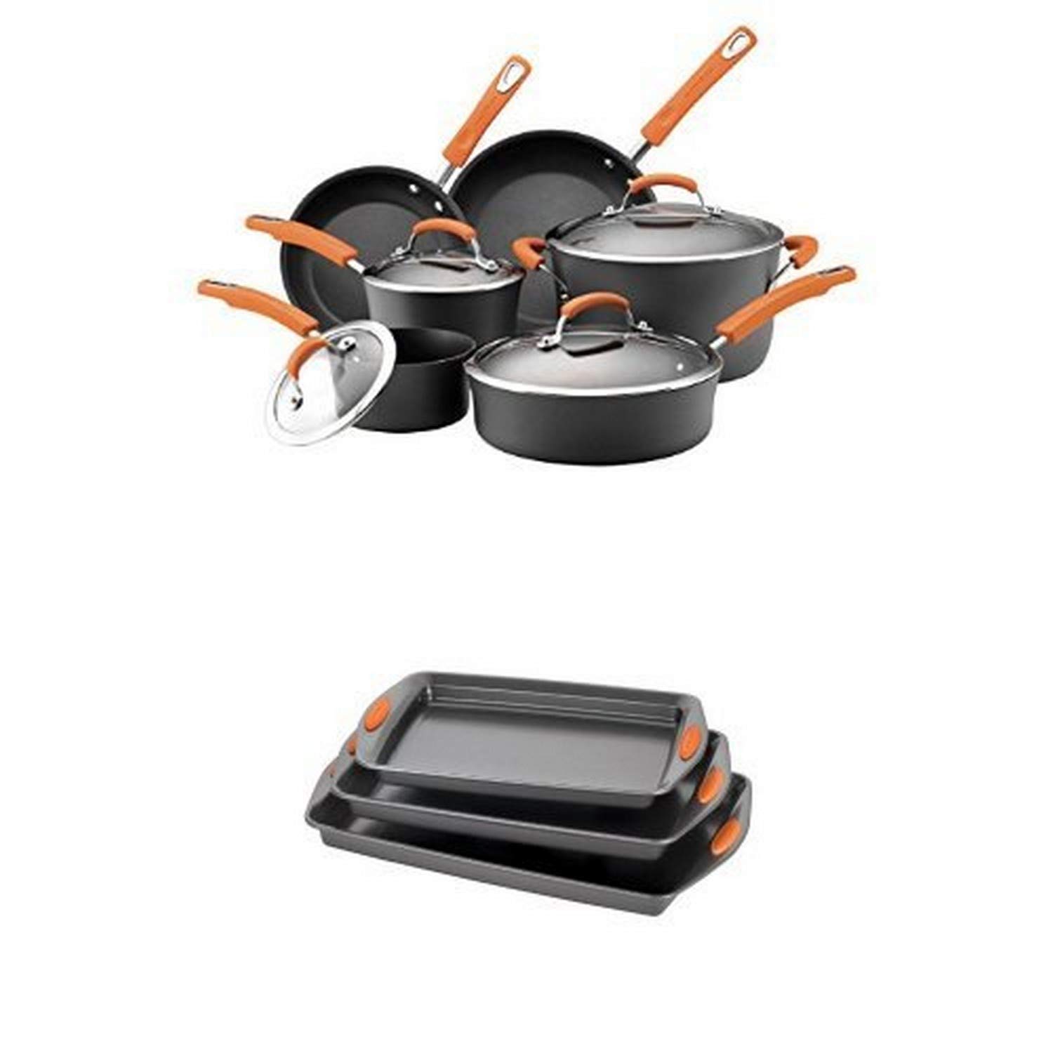 Rachael Ray Hard Anodized II Nonstick 10-Piece Cookware Set & 3-Piece Baking Pan Set - Dishwasher Safe, Orange - Perfect for Cooking, Baking & Holiday Gift Giving