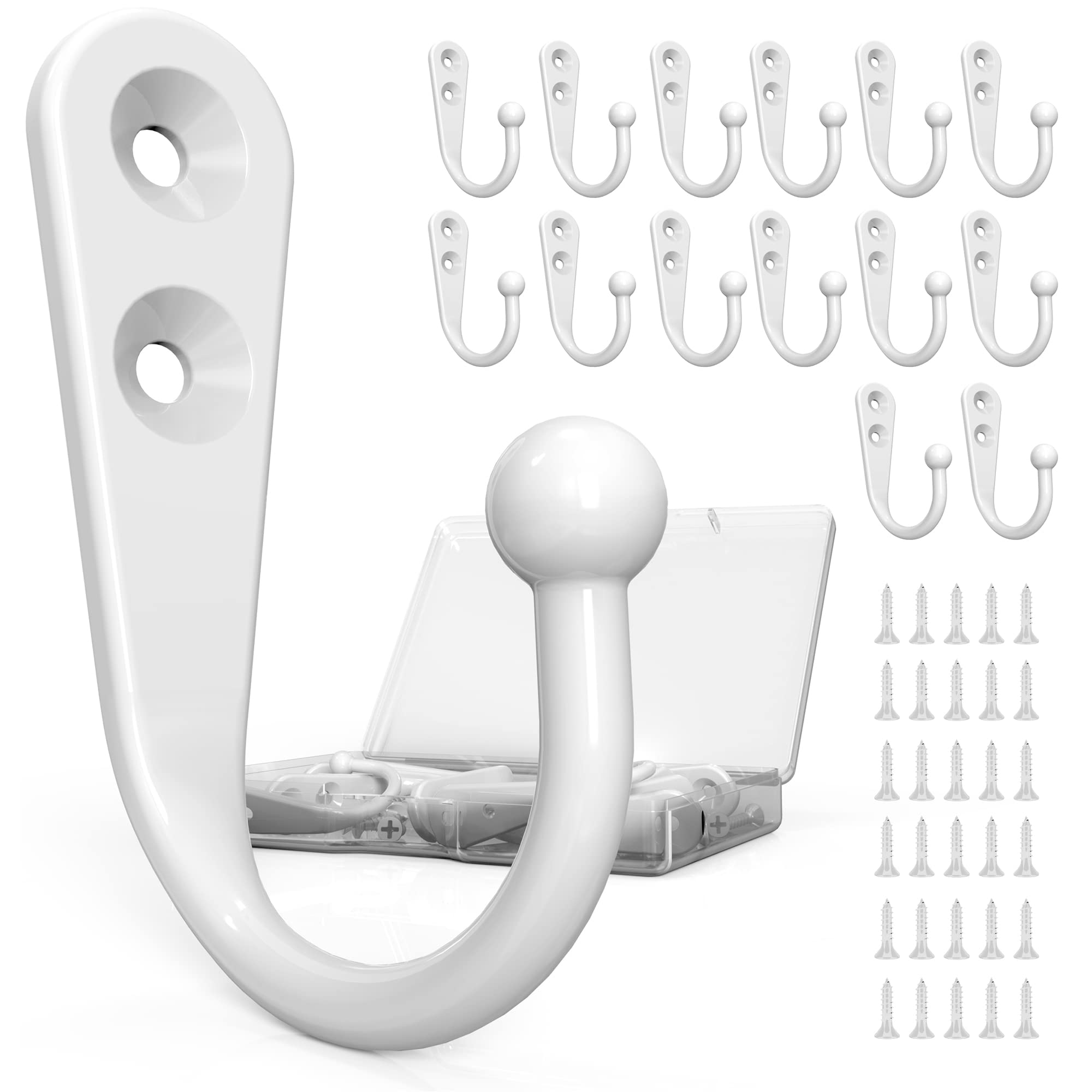 15PCS White Wall Hooks for Towels, Robes & Coats - Heavy Duty Coat Hooks with 30 Screws - Perfect for Bathroom, Bedroom, Kitchen & Entryway Organization