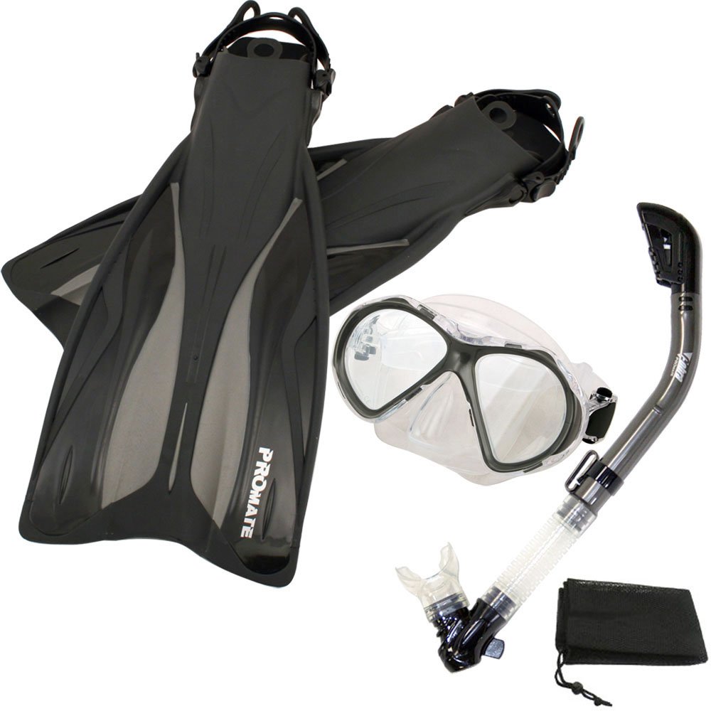 Promate Premium Snorkeling Gear Set - Scuba Dive Fins, Anti-Fog Mask & Dry Snorkel (SCS0073) for Ocean Adventures, Beach Vacations & Underwater Exploration