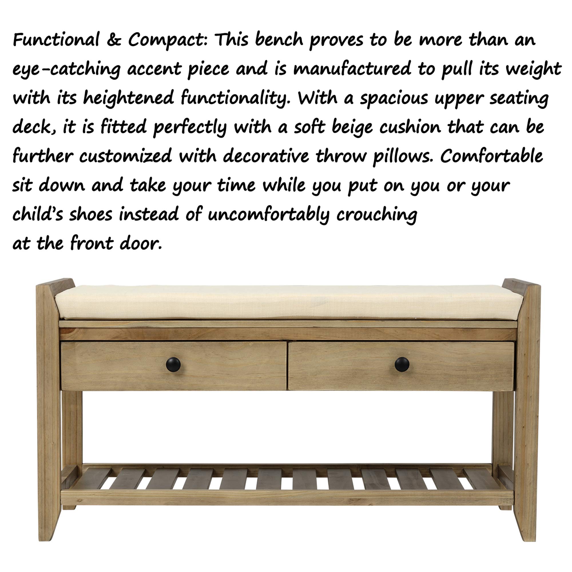P PURLOVE Entryway Storage Bench with Cushioned Seat - Shoe Rack with 2 Drawers & Storage Shelf, Gray Wash - Perfect for Hallway, Mudroom & Entryway Organization