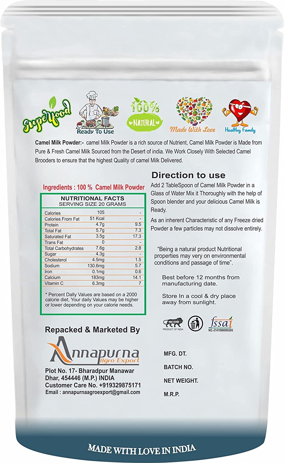 Organic Veena Camel Milk Powder | Freeze Dried, Gluten Free, No Additives, No Preservatives - 100g by B Naturall | Perfect for Coffee, Smoothies & Baking - Lactose Intolerant Friendly