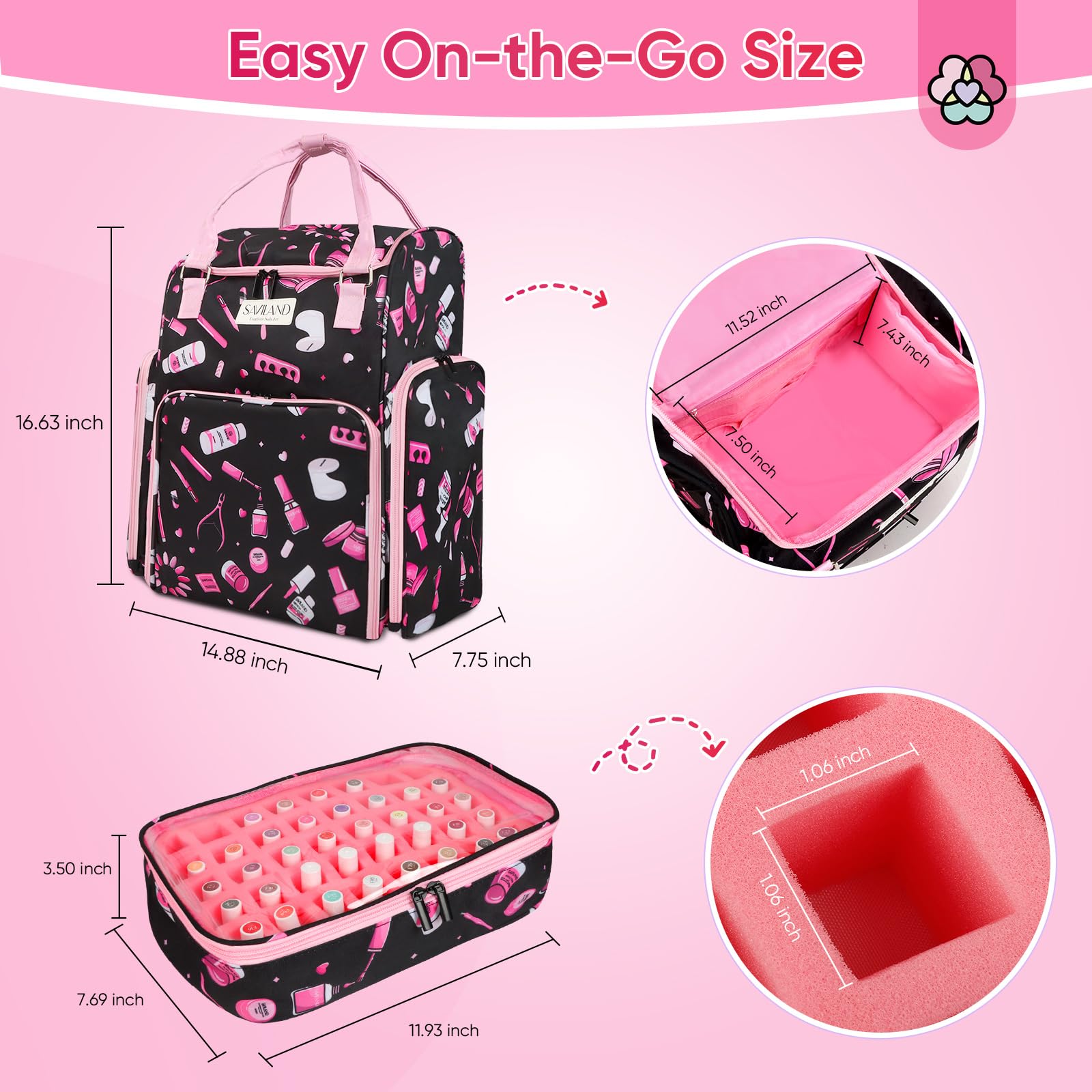 SAVILAND 33L Large Nail Polish Organizer Bag - Holds 80 Bottles (15ml/0.5 fl.oz) & Nail Lamp - Professional Travel Nail Kit Organizer Backpack for Nail Technicians - Perfect for Salon Storage, Mobile Nail Services & At-Home Manicures