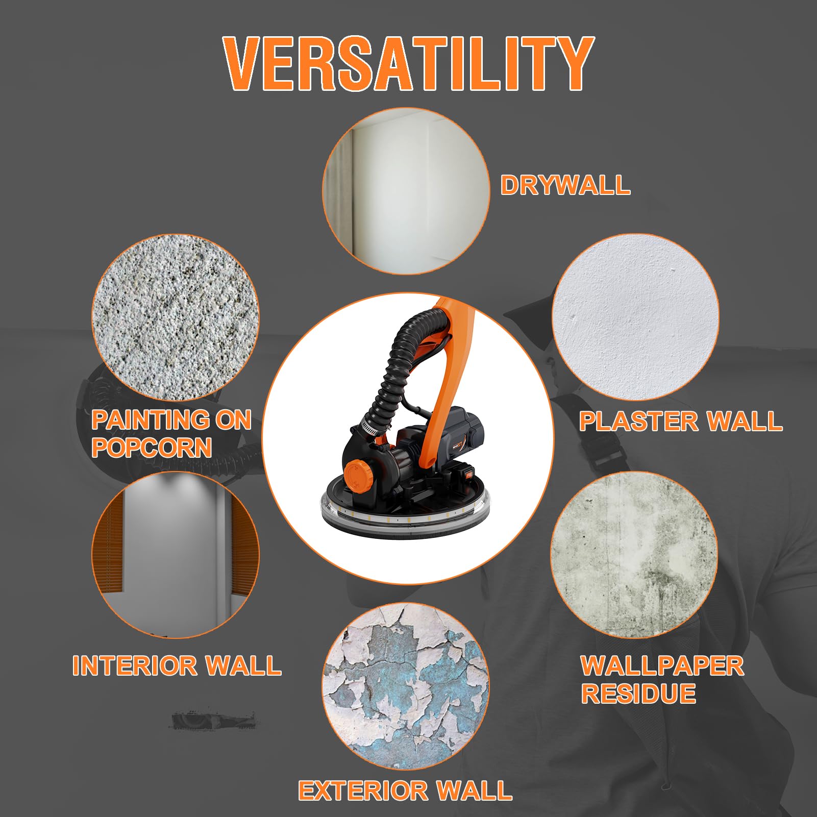 MAXXT Electric Drywall Sander with Vacuum Dust Collection - 6-Speed Adjustable (600-1900RPM) Wall Sander for Popcorn Ceiling Removal, Includes LED Light & 18 Sanding Discs - Perfect for Home Renovation, Drywall Repair and DIY Projects