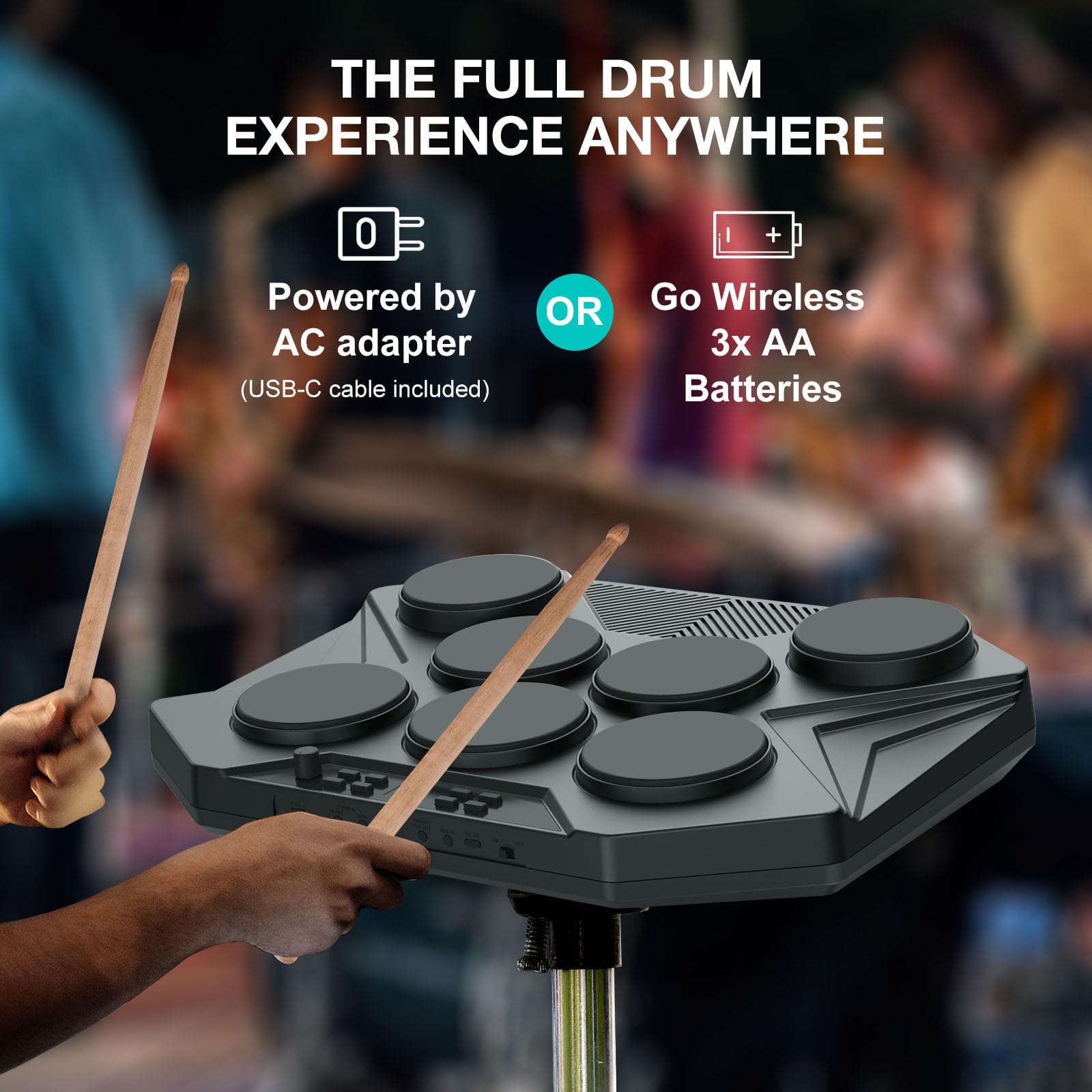 Electronic Tabletop Drum Set - Portable Digital Drum Kit with 7 Velocity-Sensitive Pads, LED Music Level Light, USB-MIDI for Mac & PC - Perfect for Home Practice, Studio Recording & Beginner Musicians