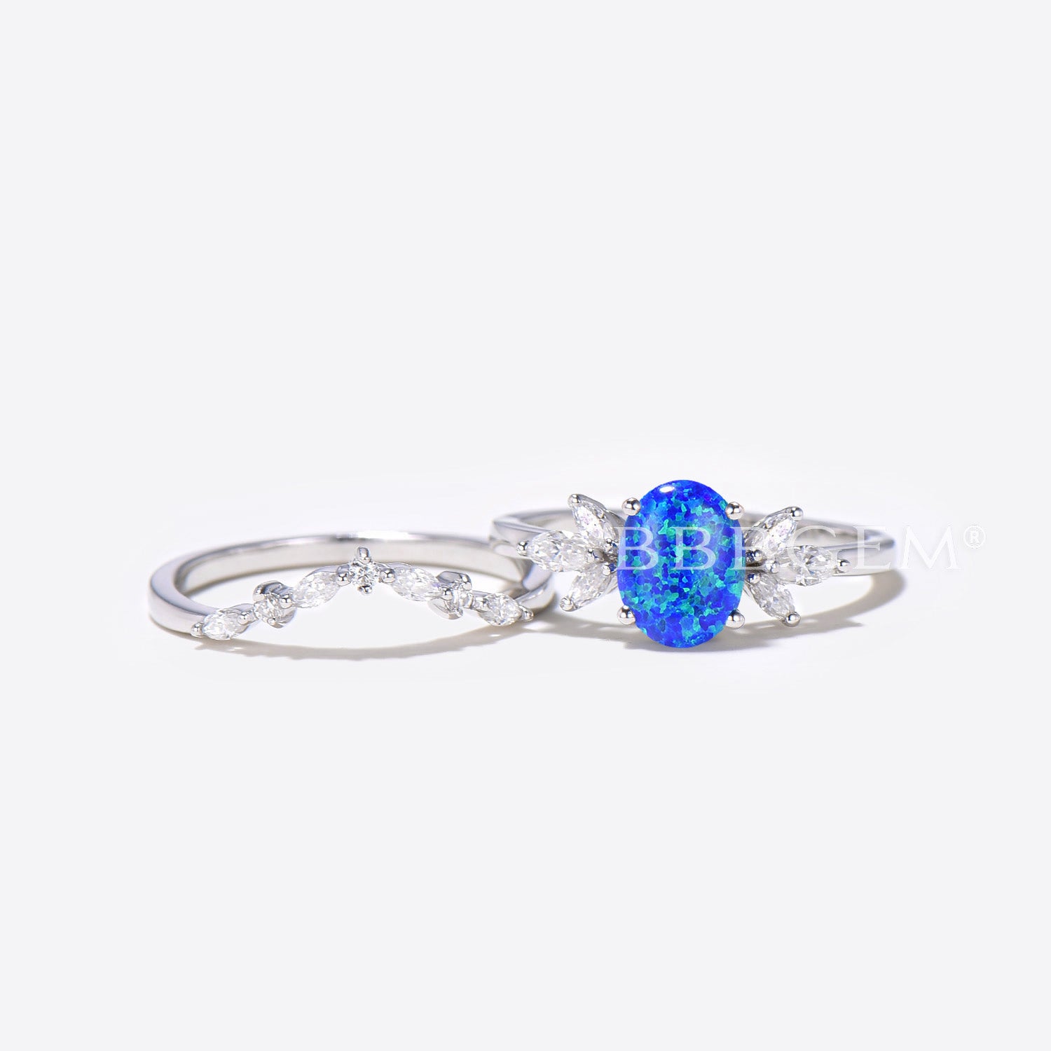 Oval Blue Opal Engagement Ring Set - 7 Stone Diamond Wedding Band for Women - Perfect for Proposals, Anniversaries & Bridal Jewelry