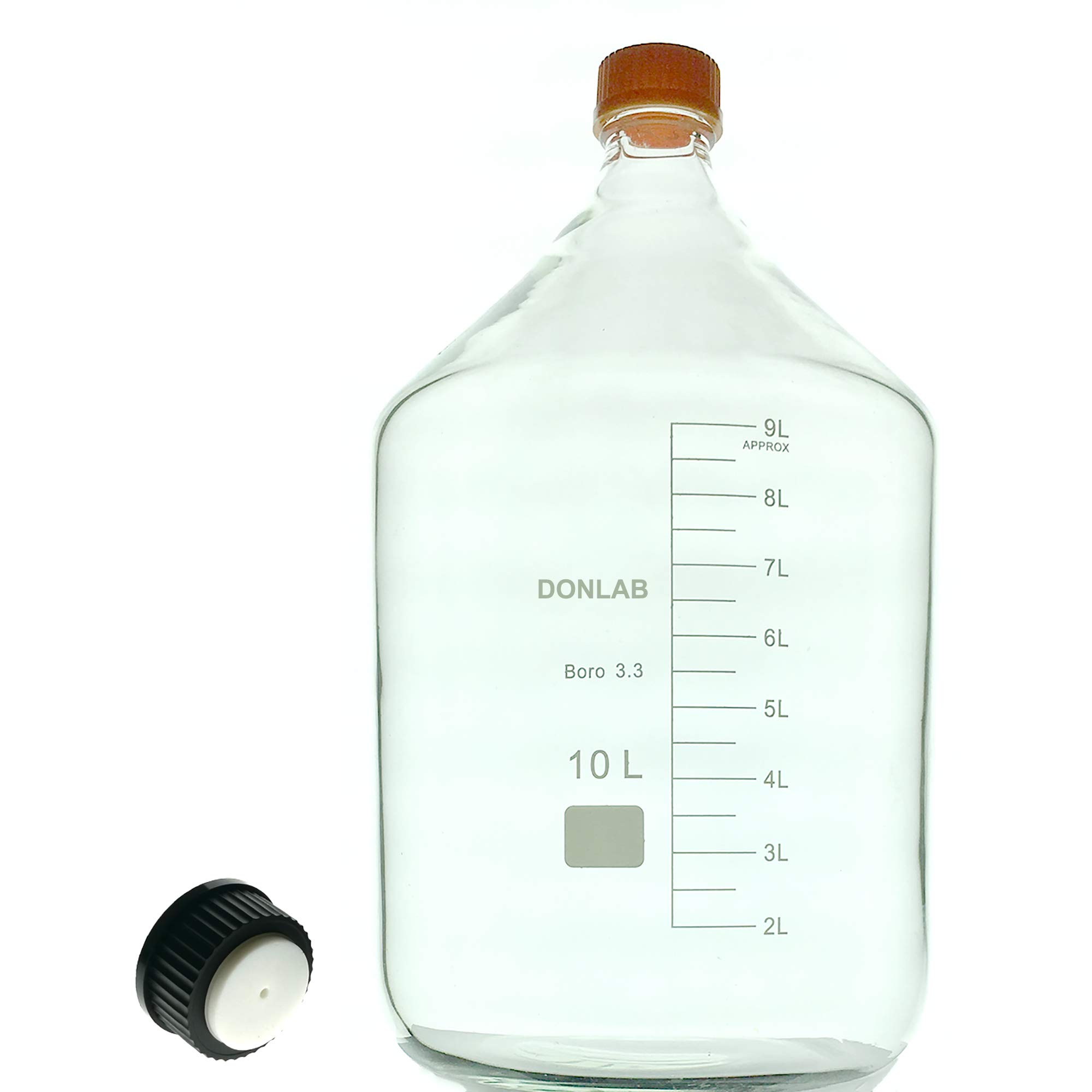 10L Borosilicate Glass Media Reagent Bottle with GL45 1-Hole Cap - 10000ml Round Chemical Storage Container for Laboratory, Pharmacy & Scientific Research