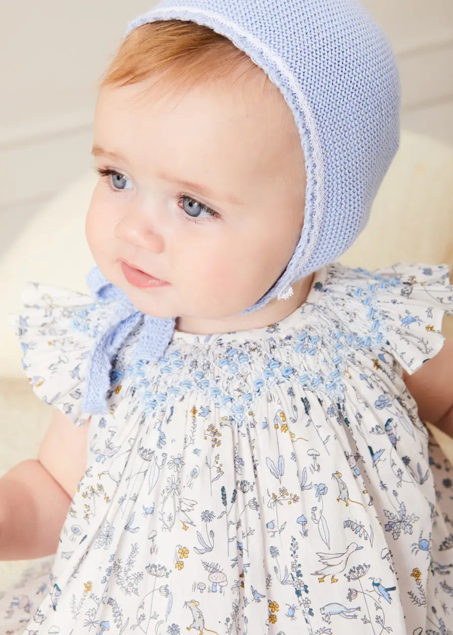 Blue Lace Detail Knitted Baby Bonnet for Newborn to 6 Months - Soft Cotton Winter Hat for Infant Girls & Boys - Perfect for Photoshoots, Christenings, and Everyday Wear