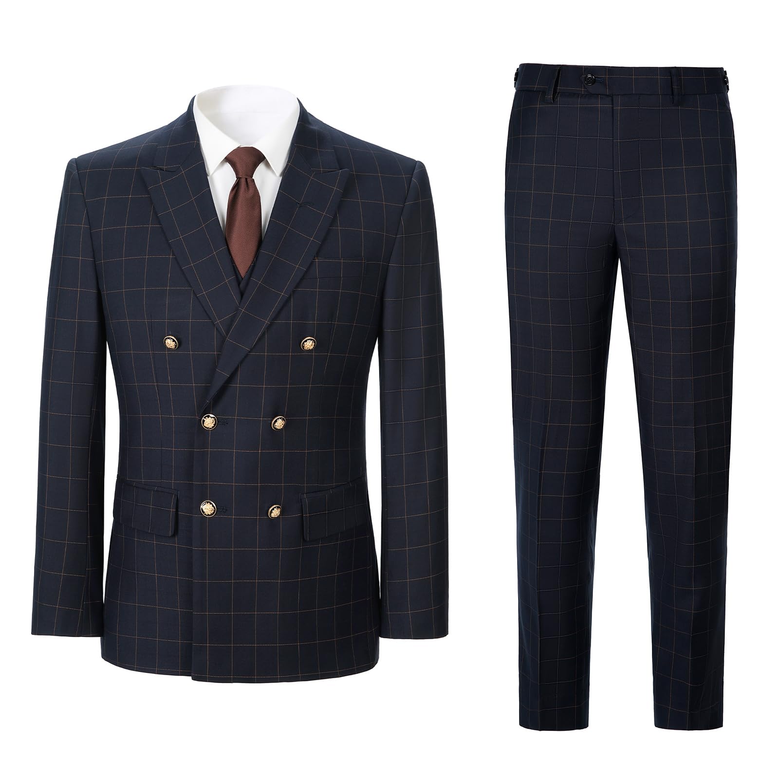 Men's Slim Fit 3 Piece Suit Set - Double Breasted Plaid Blazer, Vest & Pants for Wedding, Party & Business | Formal Tuxedo Outfit for Groom, Prom & Special Occasions
