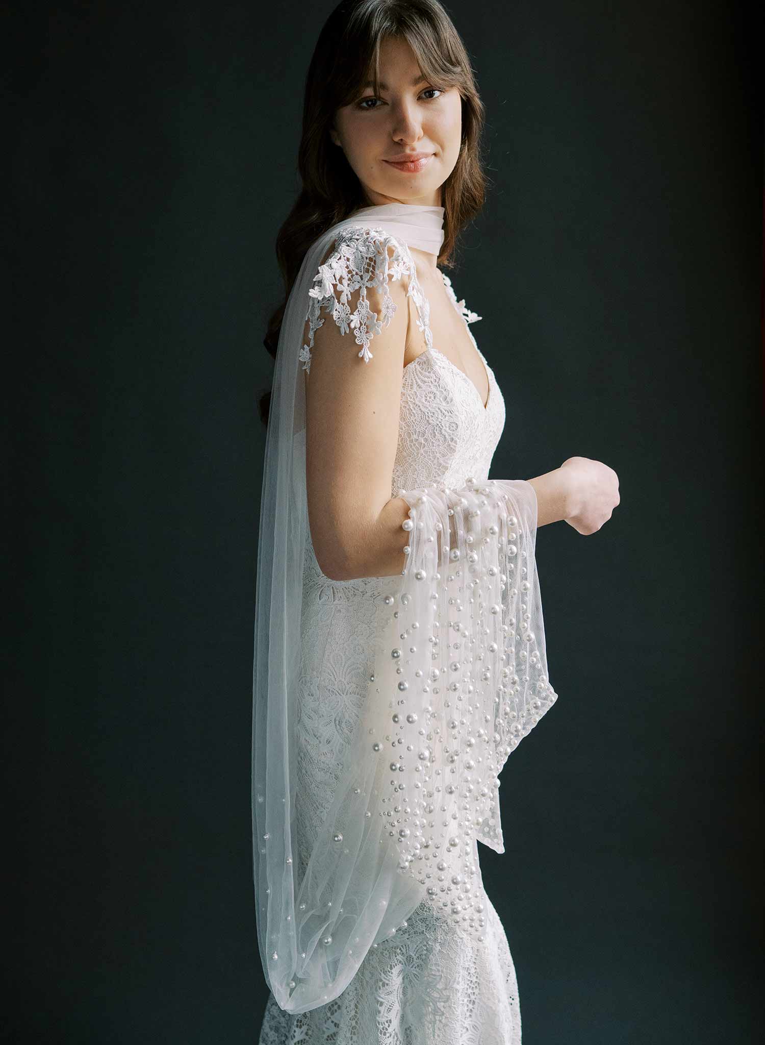 Elegant Mixed Pearl Embroidered Wedding Veil - Chapel Length Bridal Scarf (Style #2577) | Perfect for Church Ceremonies & Romantic Photoshoots