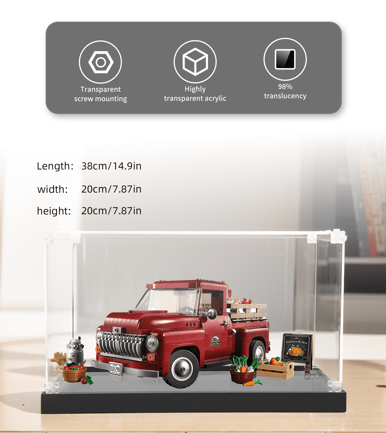 LEGO Pickup Truck 10290 Display Case - Clear Acrylic Showcase for Collectible Model | Perfect for Home Decor, Office Display & Gift Giving