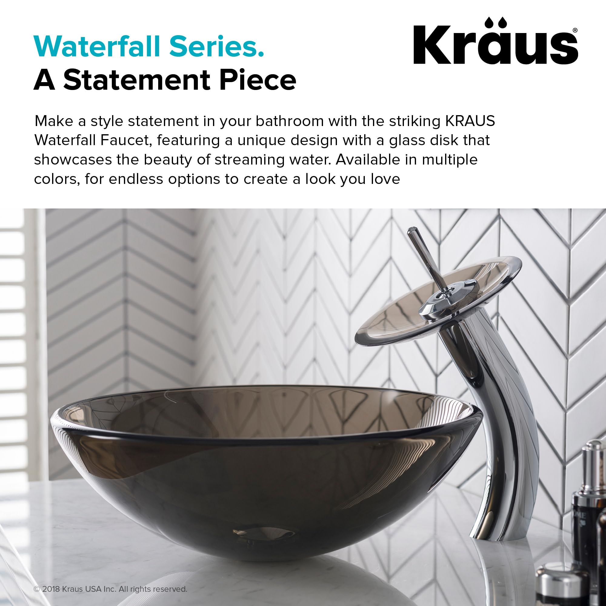 Chrome Single Lever Vessel Glass Waterfall Bathroom Faucet with Brown Clear Glass Disk & Matching Pop Up Drain - Modern Vanity Sink for Bathroom & Powder Room Decor