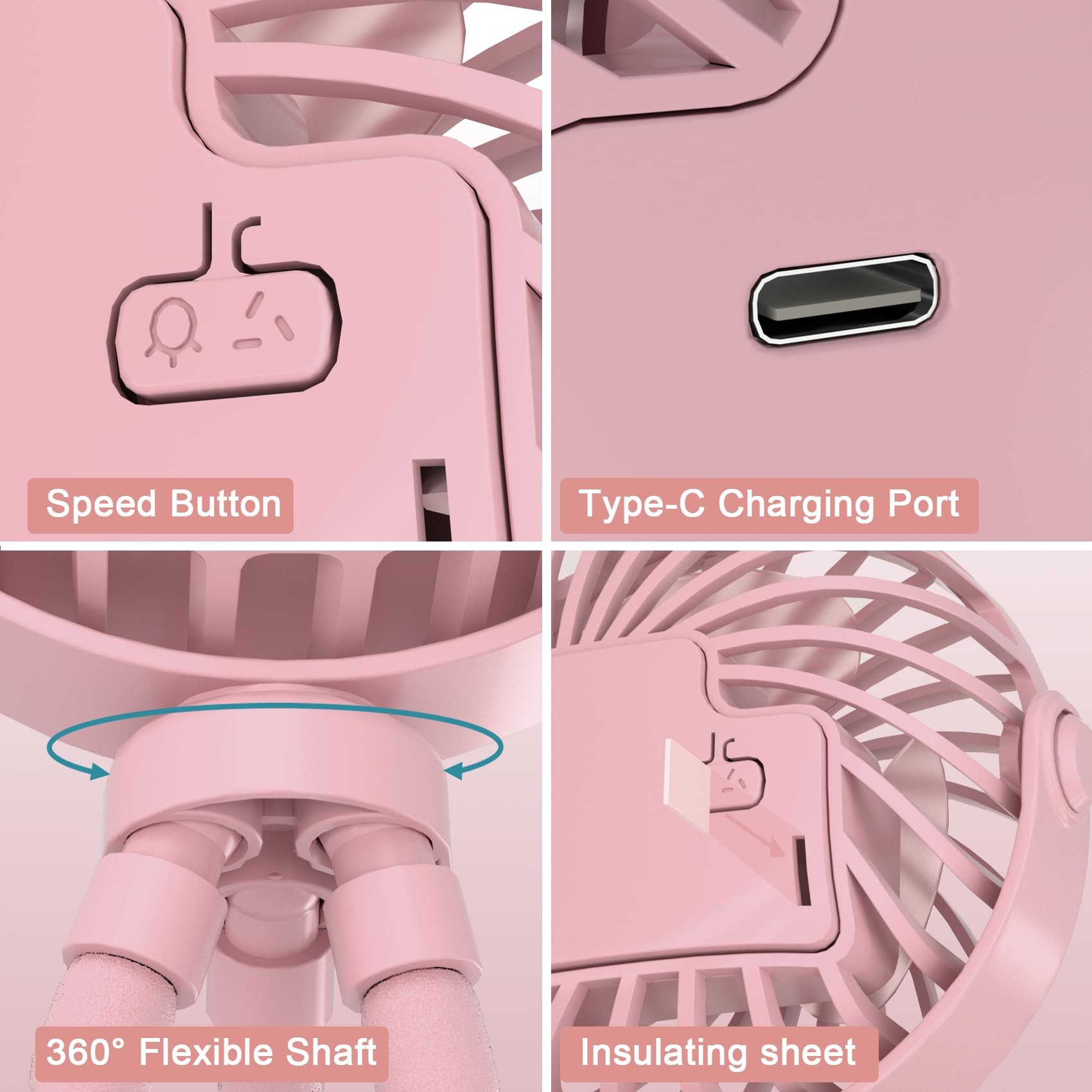 JYJZPB Rechargeable Clip-On Stroller Fan for Baby - 3 Speed 360° Rotating Mini Cooling Fan with Flexible Tripod, Handheld Personal Fan for Travel, Car Seat, Crib, Bed & Bike - Perfect for Outdoor Activities, Summer Trips & Nursery Comfort (Pink)