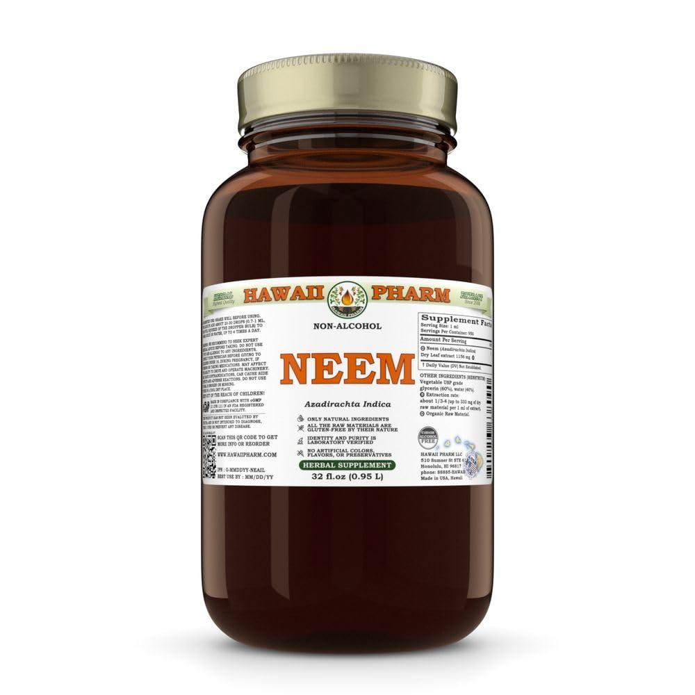 Organic Neem (Azadirachta Indica) Alcohol-Free Liquid Extract - Natural Herbal Supplement for Skin Care & Immune Support - Hawaii Pharm USA 32 fl.oz - Perfect for Daily Wellness Routine & Holistic Remedies