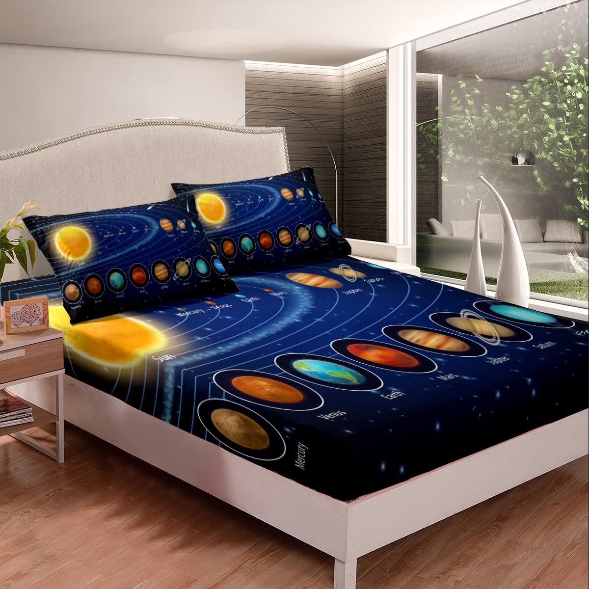 Feelyou Solar System Galaxy Print Fitted Sheet Set - Queen Size Space Themed Bedding with 8 Planets Design (Includes 1 Fitted Sheet & 2 Pillowcases) for Astronomy Lovers' Bedroom Decor