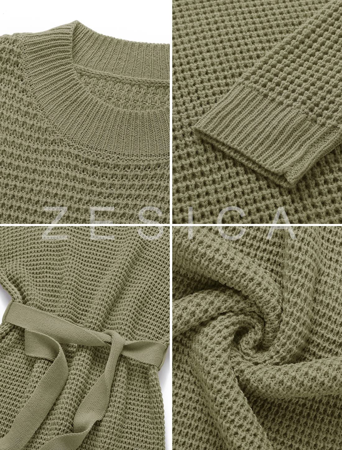 ZESICA Women's Long Sleeve Waffle Knit Tie Waist Tunic Sweater Dress - Fall Winter Pullover Casual Outfit for Work, Date Night & Holiday Season