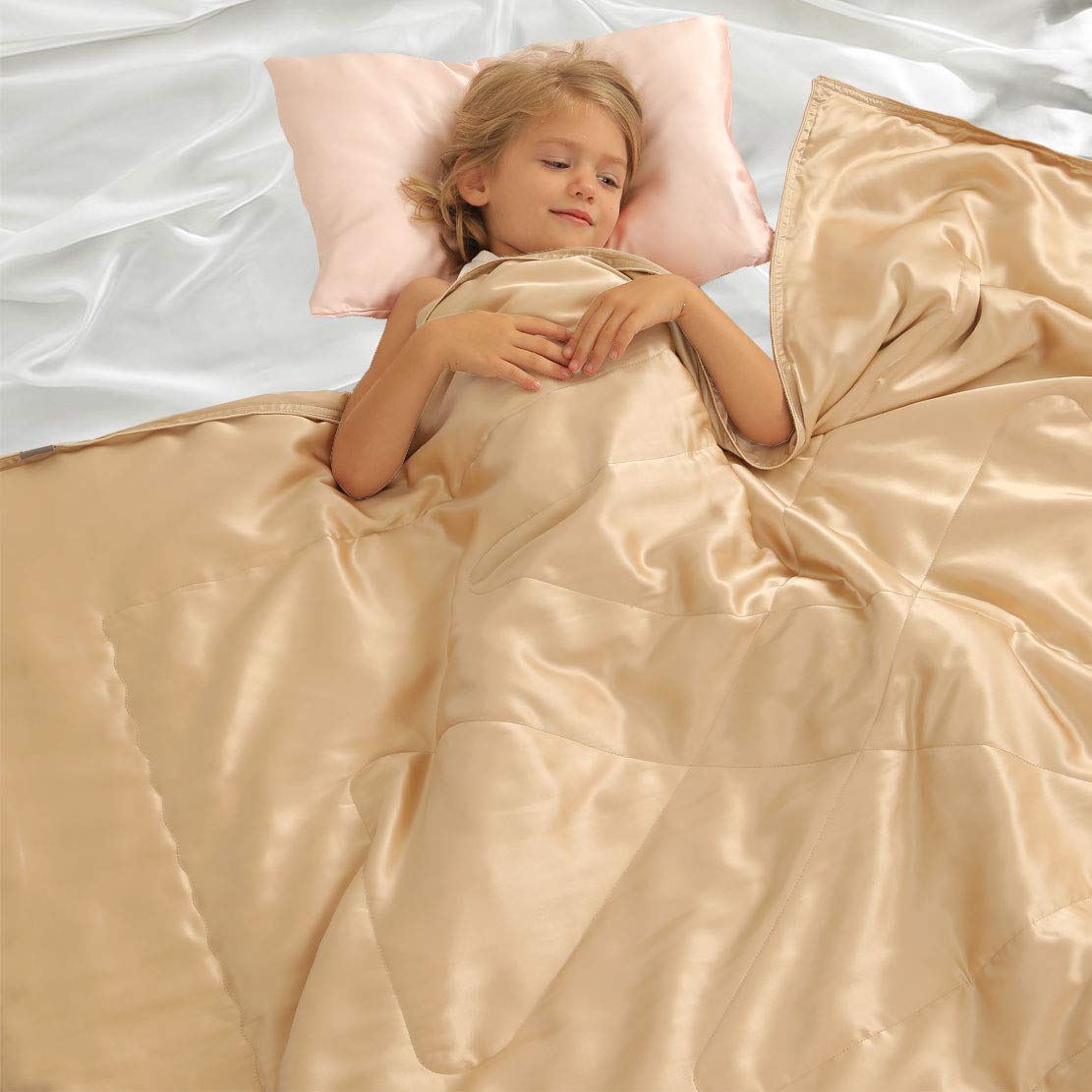 100% Pure Mulberry Silk Throw Blanket - Luxurious Soft & Lightweight for Couch, Bed, Sofa & Travel - All Season Cozy Warm Blanket for Adults & Kids (42x59 Inches, Champagne) - Perfect for Lounging, Baby Swaddling & Home Decor