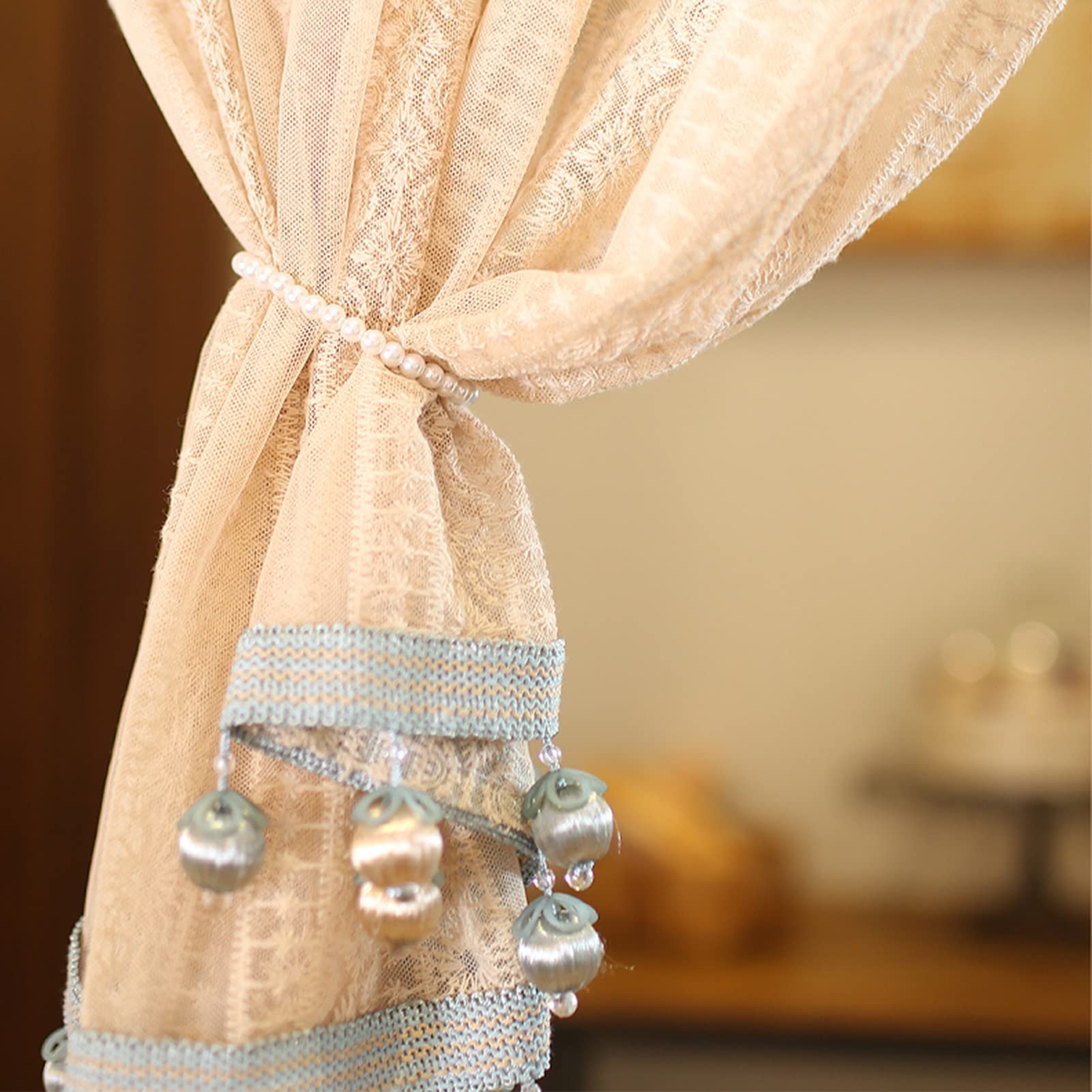 American Cafe Style Kitchen Curtain - Lace Half Window Drapes with Ball Decorations (130x160cm) for Bedroom, Bathroom & Small Windows | Perfect for Farmhouse Decor & Cozy Home Atmosphere