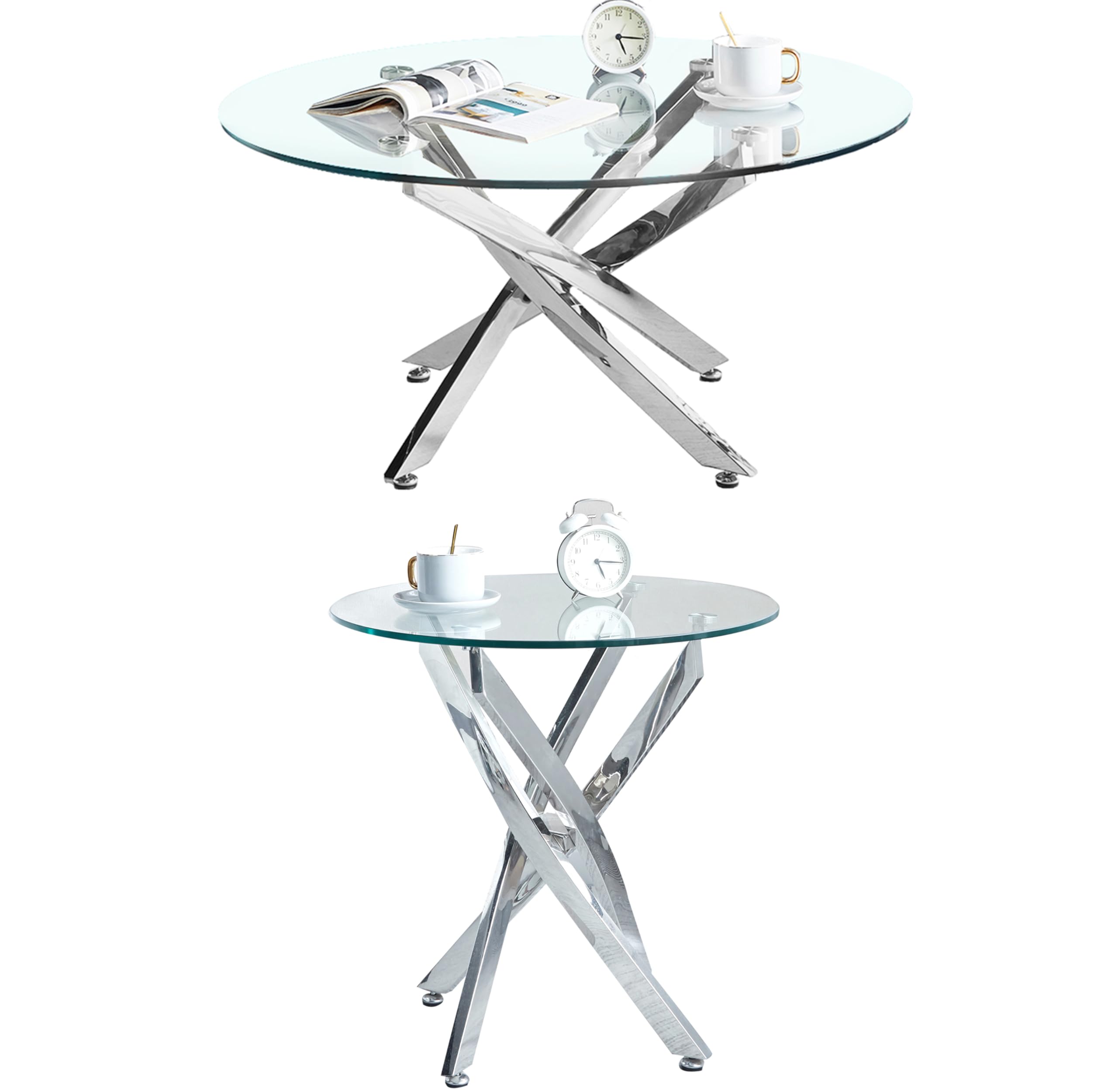 2-Piece Luxury Living Room Set - Clear Tempered Glass Round Coffee Table & Silver End Table with Stainless Steel Frame for Apartment, Home Office | Perfect for Small Spaces, Modern Decor & Entertaining Guests