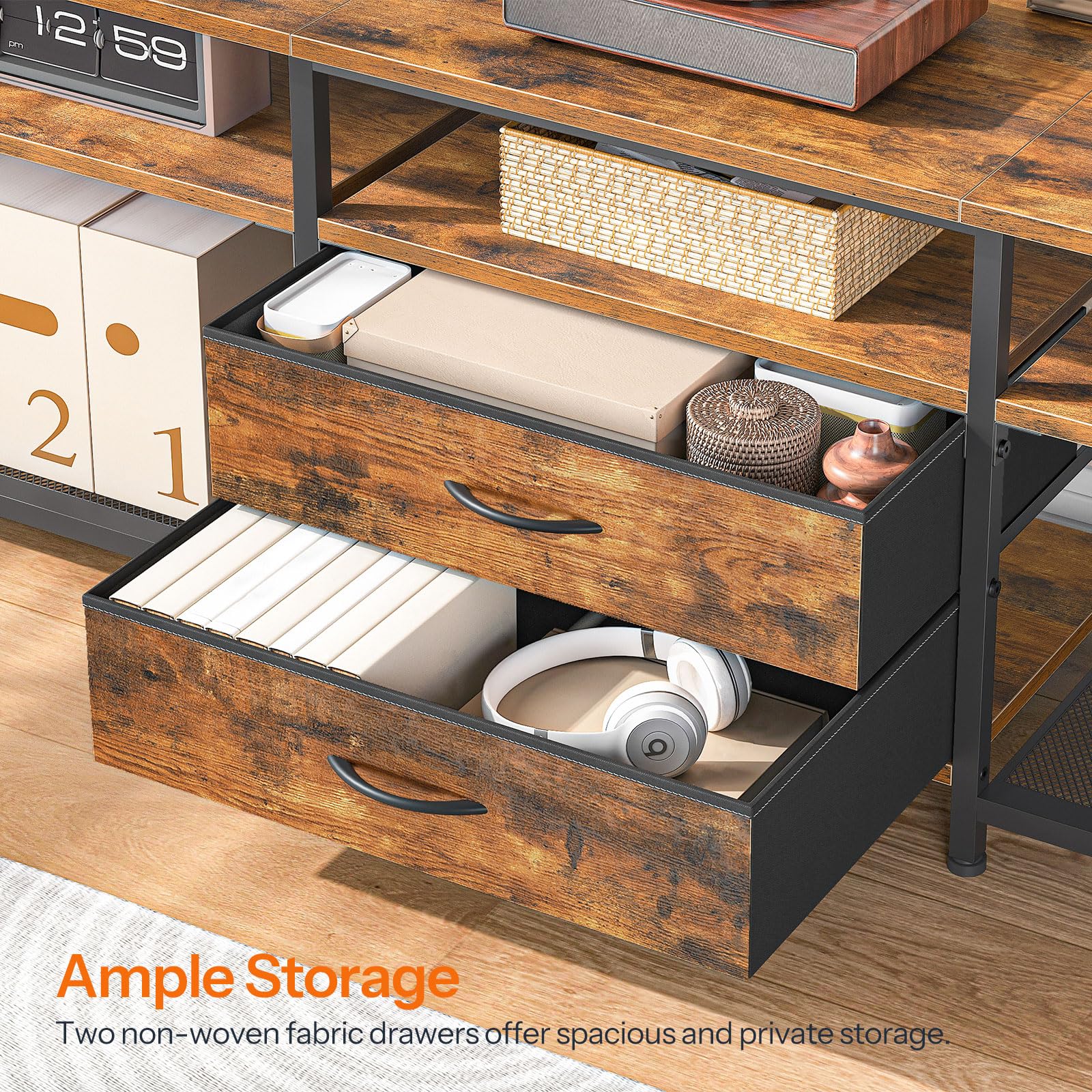 HOOBRO 75 Inch TV Stand with Power Outlet & LED Lights - Modern Rustic Brown Entertainment Center with 2 Non-Woven Drawers - Perfect for Living Room, Bedroom Home Theater Setup (Model BF55UDDS01)
