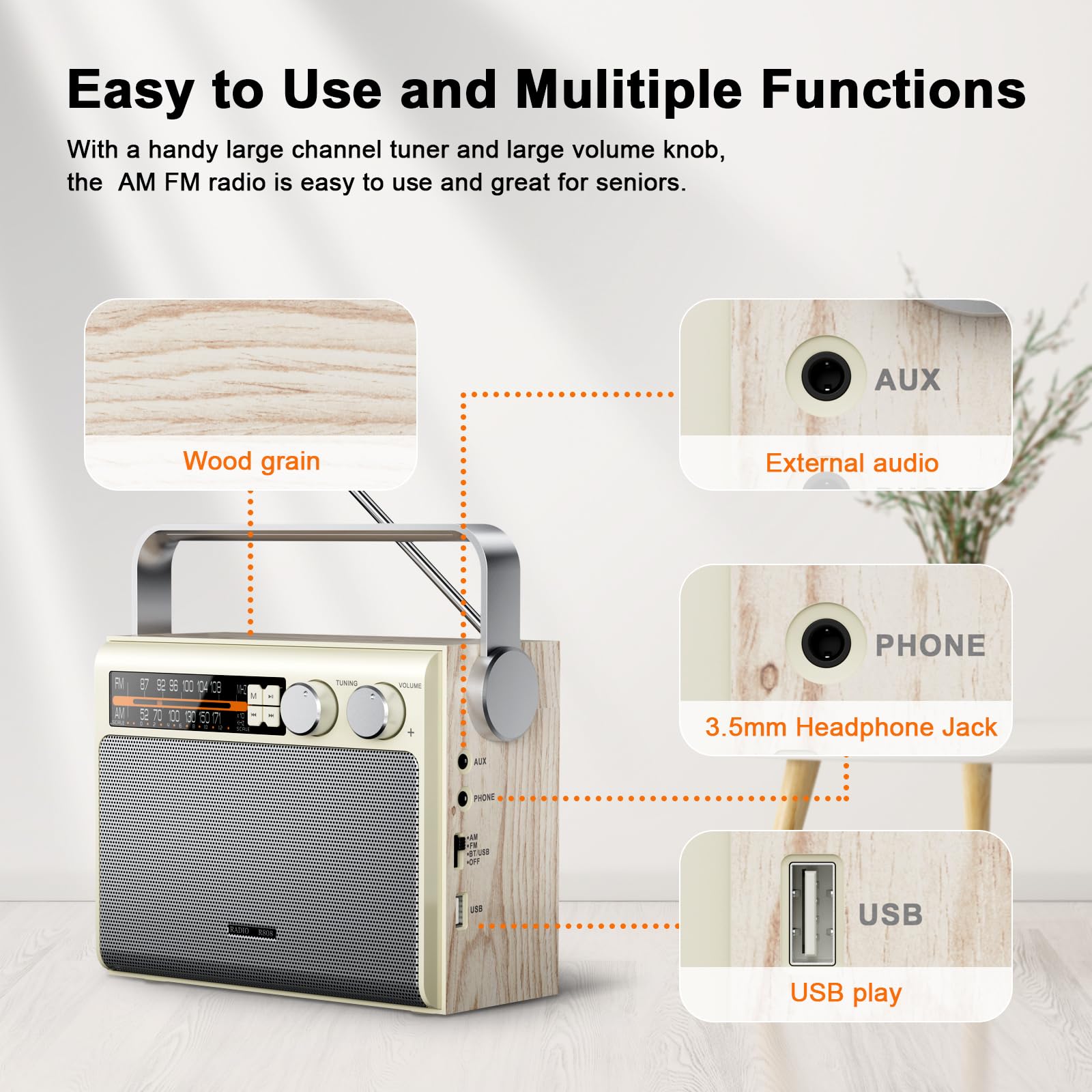 Portable AM FM Radio with Bluetooth - Best Reception, Battery or Wall Powered, Headphone Jack, USB, Aux Input, Big Speaker - Perfect for Home, Outdoor, Camping, Travel & Gifts
