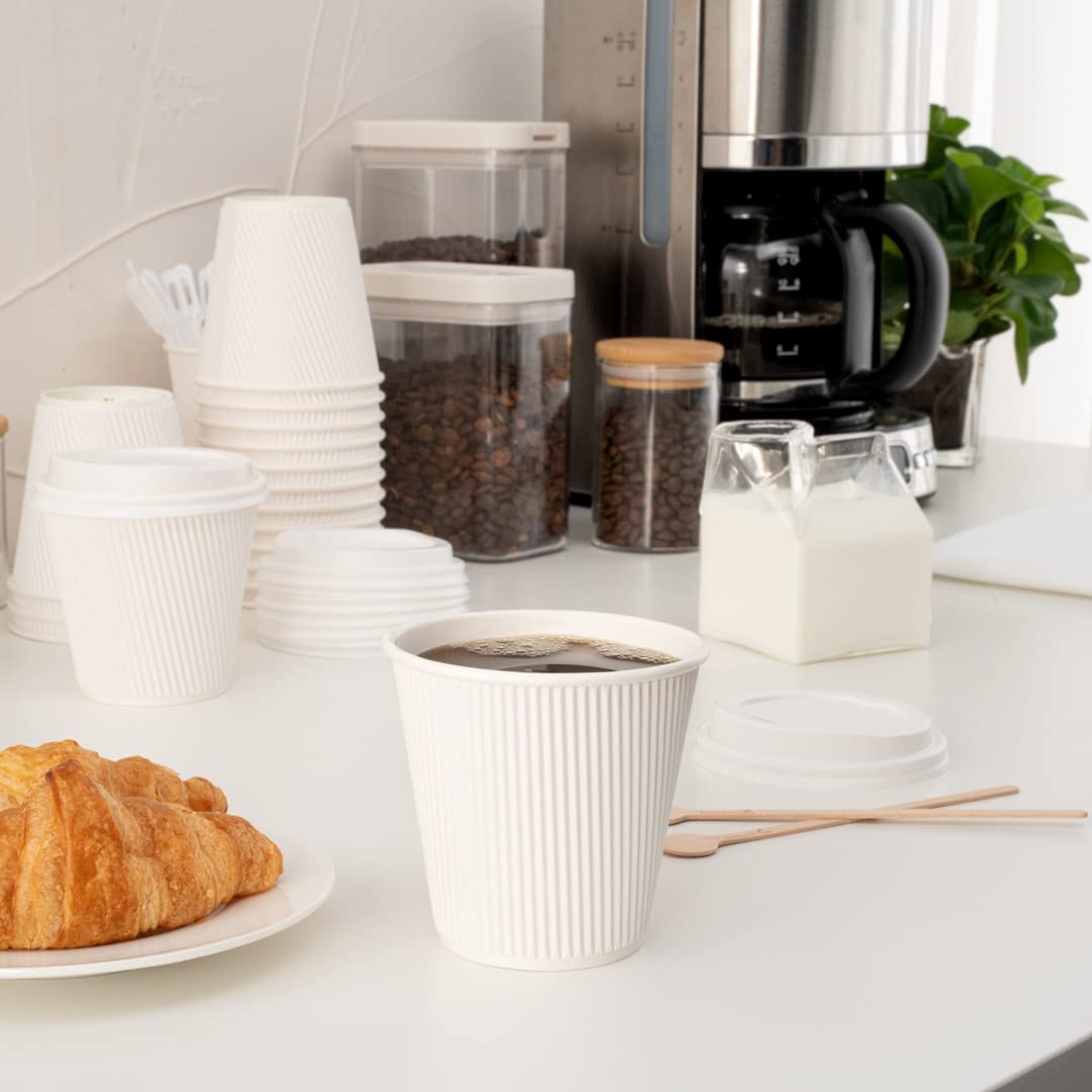 8 oz Insulated Coffee Cups with Lids - 20 Pack Leakproof Disposable Hot Cups for Tea, Hot Chocolate & Lattes | Restaurantware White Paper Ripple Wall Design | Perfect for Coffee Shops, Offices & Catering Events