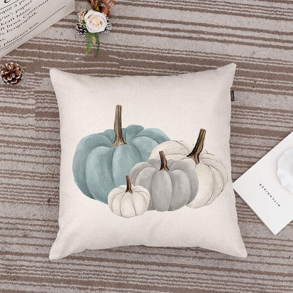 GTEXT Fall Pumpkins Throw Pillow Cover 18x18 Inch - Autumn Decor White Pumpkin Pillow Case for Couch, Sofa & Home - Cozy Linen Seasonal Decor for Thanksgiving, Halloween & Fall Living Room Decorations