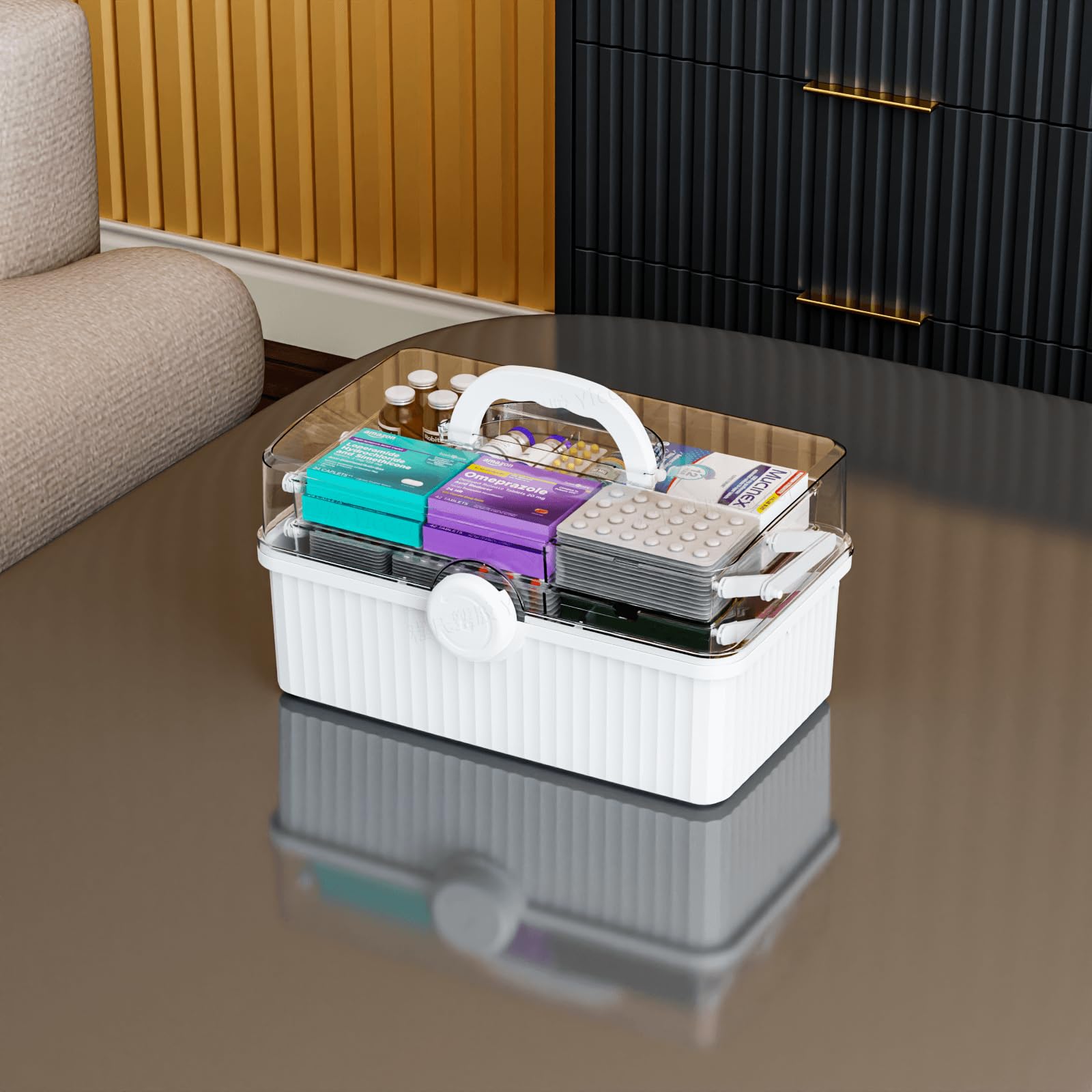 Yieach 13.3 Inch Multifunctional Plastic Storage Box - 2 Tier Tray Organizer for Crafts, Sewing Supplies, Medicine & First Aid Kit | Portable Handle Design | White | Perfect for Home Organization, DIY Projects & Emergency Preparedness