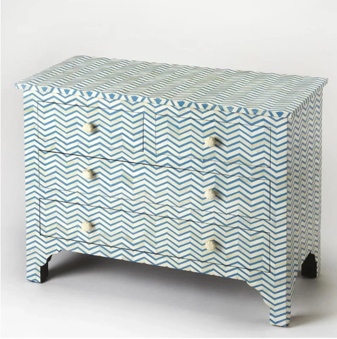 Handmade Bone Inlay Zig Zag Design 4-Drawer Storage Chest - Vintage Boho Bedroom Dresser & Entryway Console Furniture for Home Decor