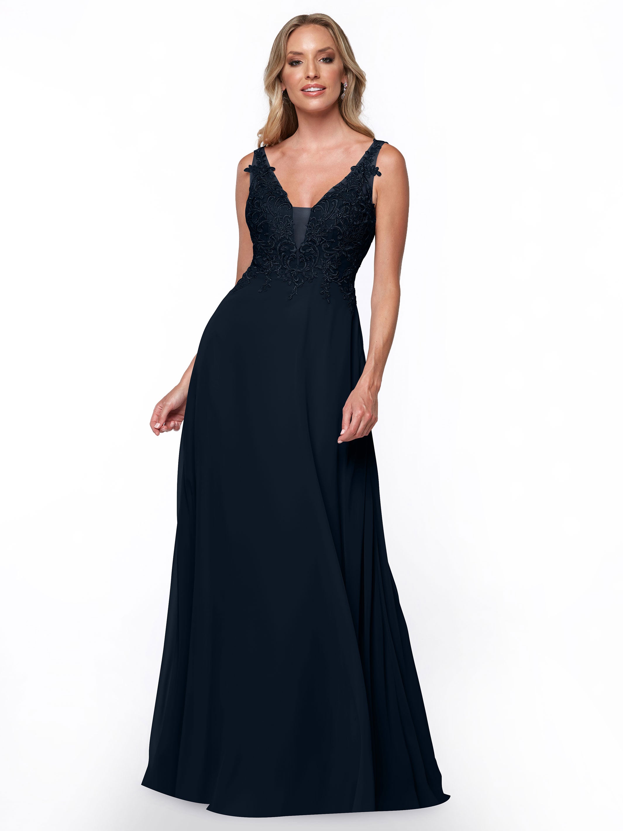 Elegant 80128 Plunging Lace and Chiffon A-Line Bridesmaid Dress for Weddings, Formal Events & Special Occasions