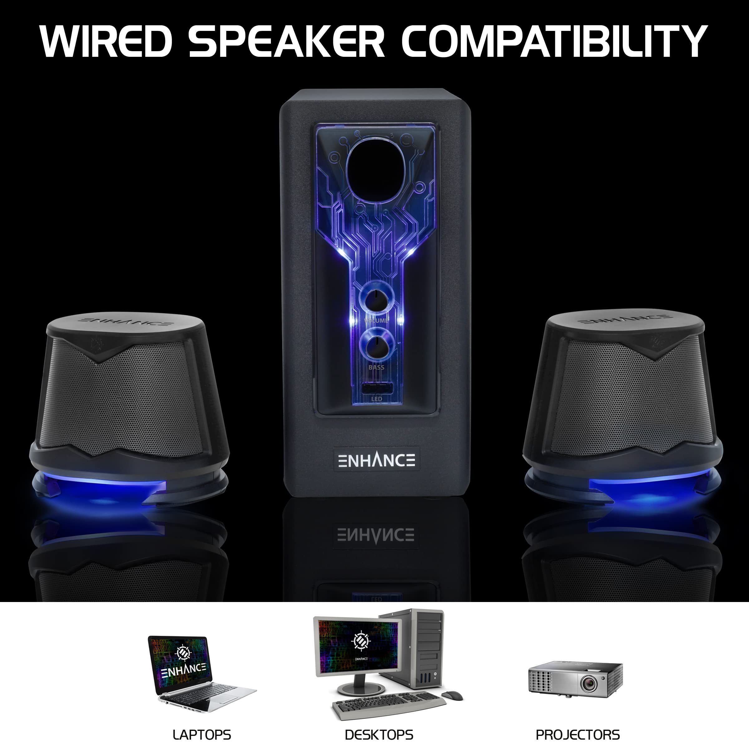 ENHANCE SB 2.1 Computer Speakers with Subwoofer - High Performance Gaming Speakers with Blue LED Lights, Bass & Volume Control | Perfect for PC Gaming, Desktop & Laptop Setup | Home Office & Entertainment Sound System